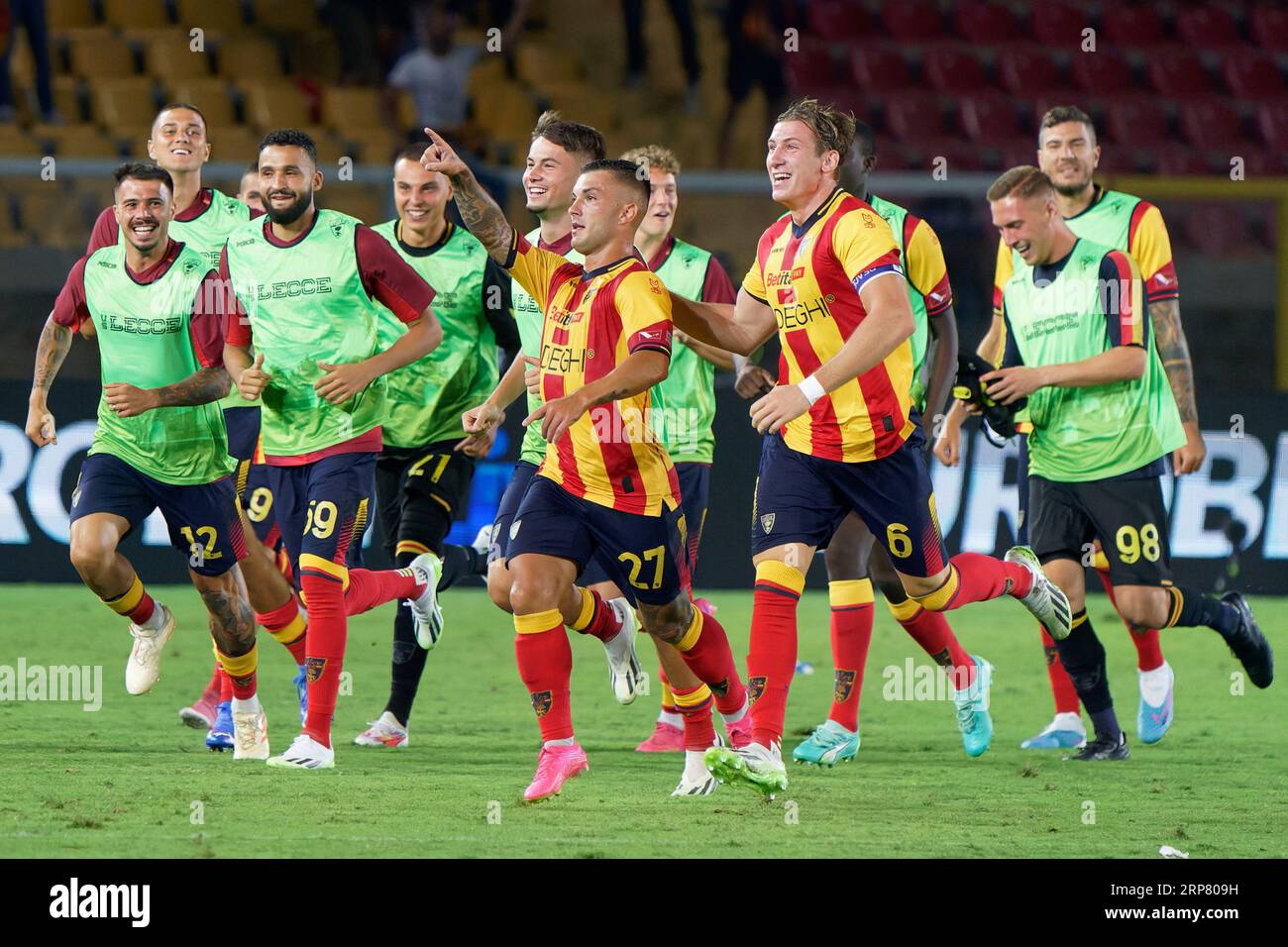 Lecce, Italy. 03rd Sep, 2023. Gabriel Strefezza (US Lecce) celebrates after  scoring a goal with teammates during US Lecce vs US Salernitana, Italian  soccer Serie A match in Lecce, Italy, September 03