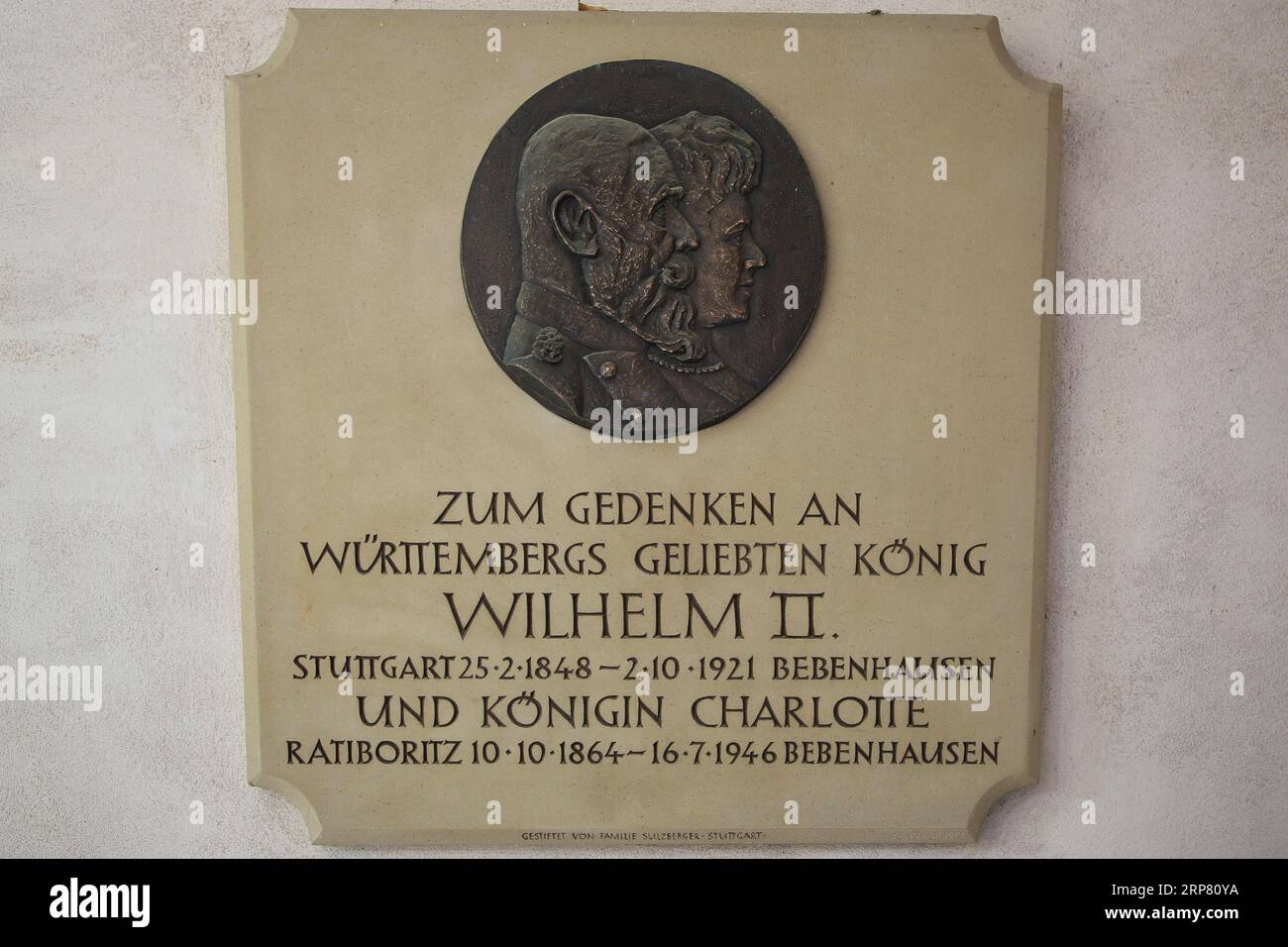 Commemorative plaque on castle wall, writing, in memory of Wuerttemberg's beloved King Wilhelm 2 and Queen Charlotte, portrait, effigy, Bebenhausen Stock Photo