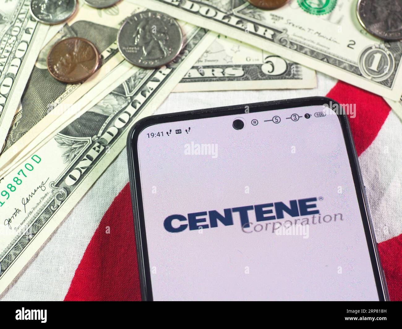 In this photo illustration a Centene Corporation logo is seen displayed