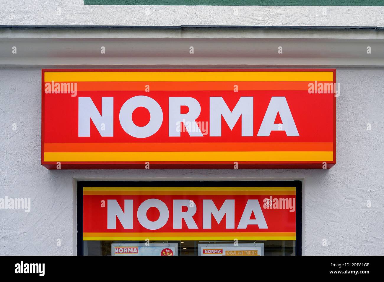 Lettering and logo of shopping market, NORMA, Allgaeu, Bavaria, Germany Stock Photo