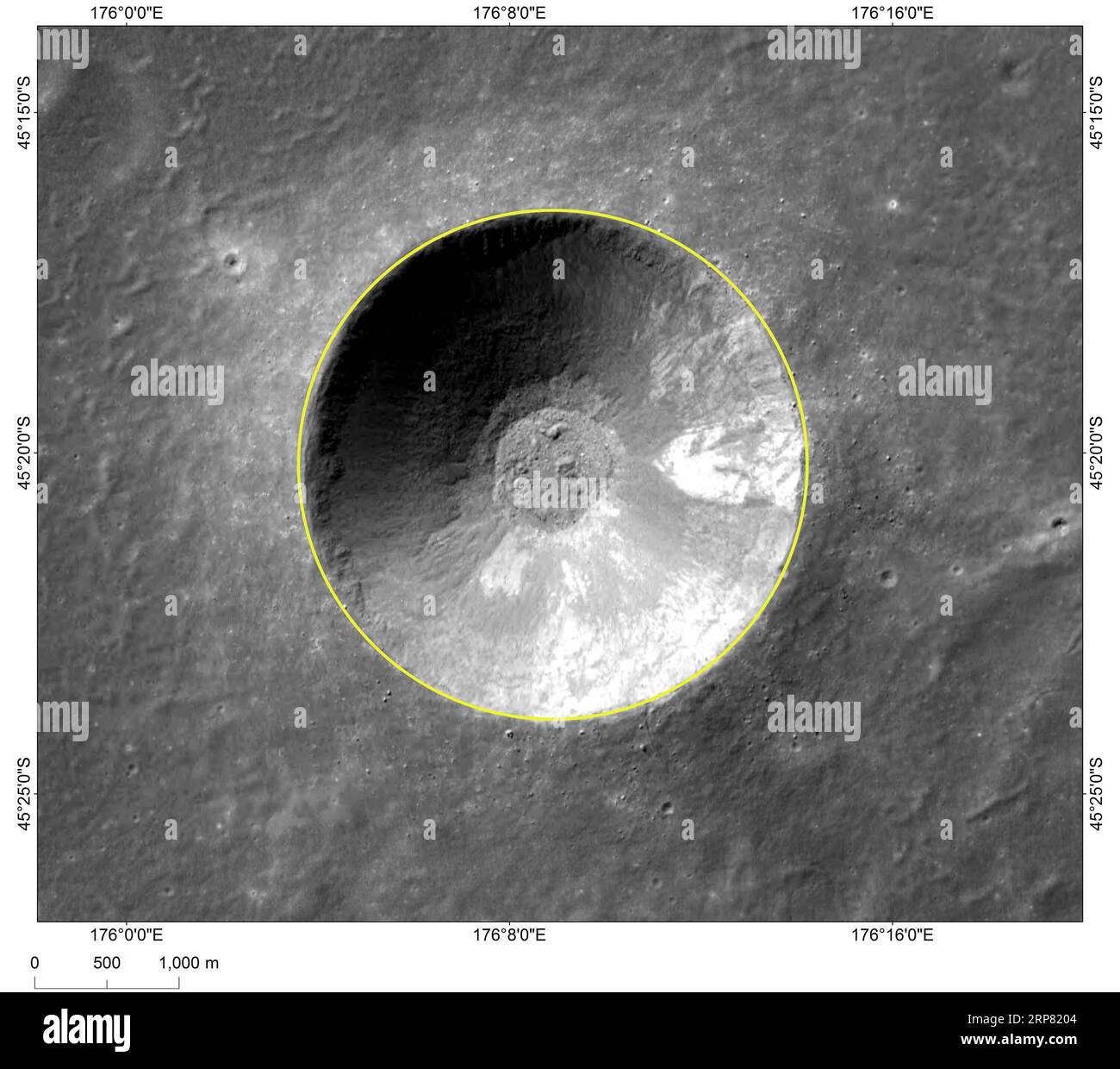 (190215) -- BEIJING, Feb. 15, 2019 (Xinhua) -- Photo provided by the China National Space Administration (CNSA) shows the image of Zhinyu, a crater near Statio Tianhe , the landing site of China s Chang e-4 lunar probe. The landing site of China s Chang e-4 lunar probe has been named Statio Tianhe after the spacecraft made the first-ever soft landing on the far side of the moon last month. Together with three nearby impact craters and one hill, the name was approved by the International Astronomical Union (IAU), Liu Jizhong, director of the China Lunar Exploration and Space Engineering Center Stock Photo