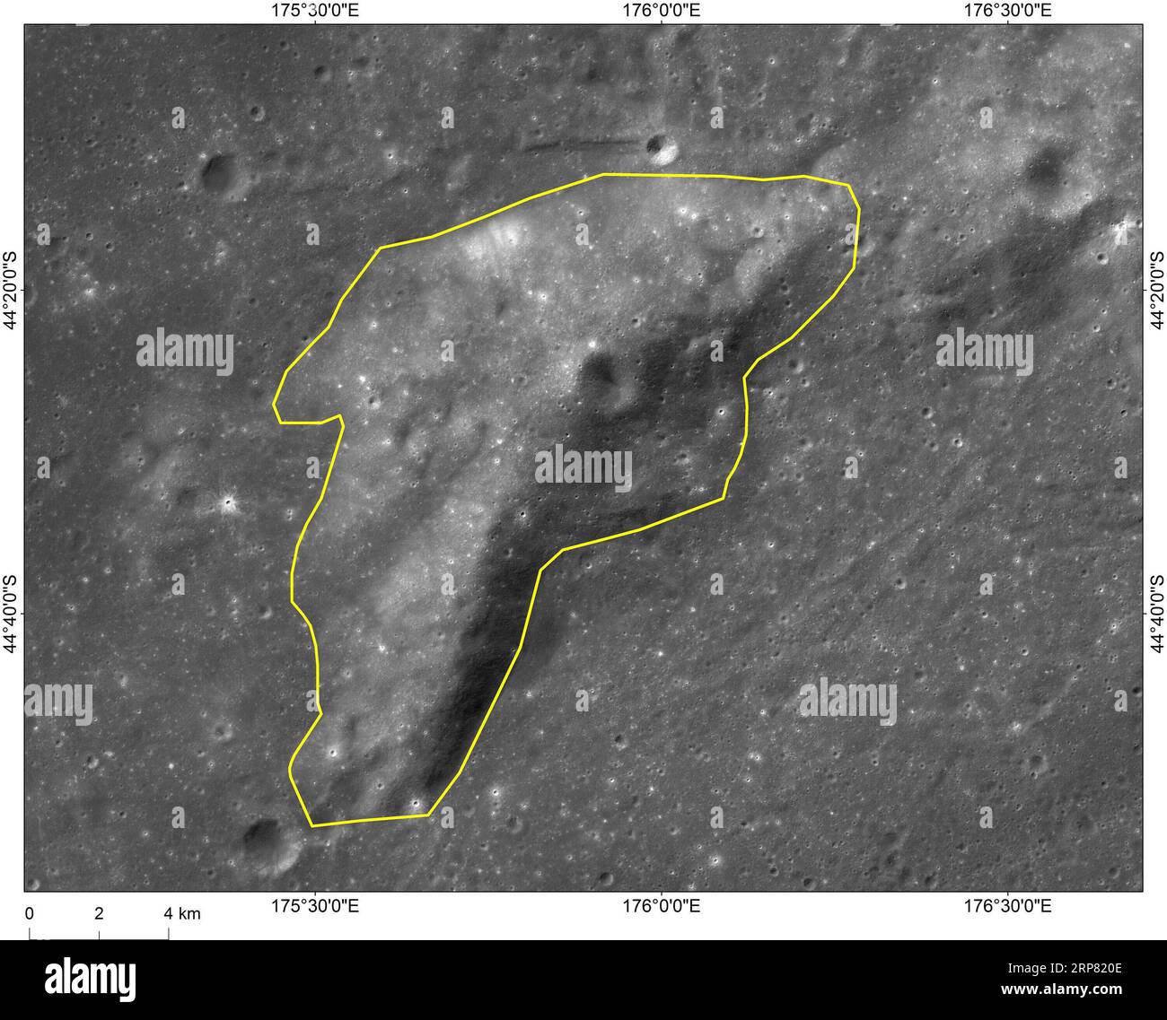 (190215) -- BEIJING, Feb. 15, 2019 (Xinhua) -- Photo provided by the China National Space Administration (CNSA) shows the image of Mons Tai, a hill near Statio Tianhe , the landing site of China s Chang e-4 lunar probe. The landing site of China s Chang e-4 lunar probe has been named Statio Tianhe after the spacecraft made the first-ever soft landing on the far side of the moon last month. Together with three nearby impact craters and one hill, the name was approved by the International Astronomical Union (IAU), Liu Jizhong, director of the China Lunar Exploration and Space Engineering Center Stock Photo