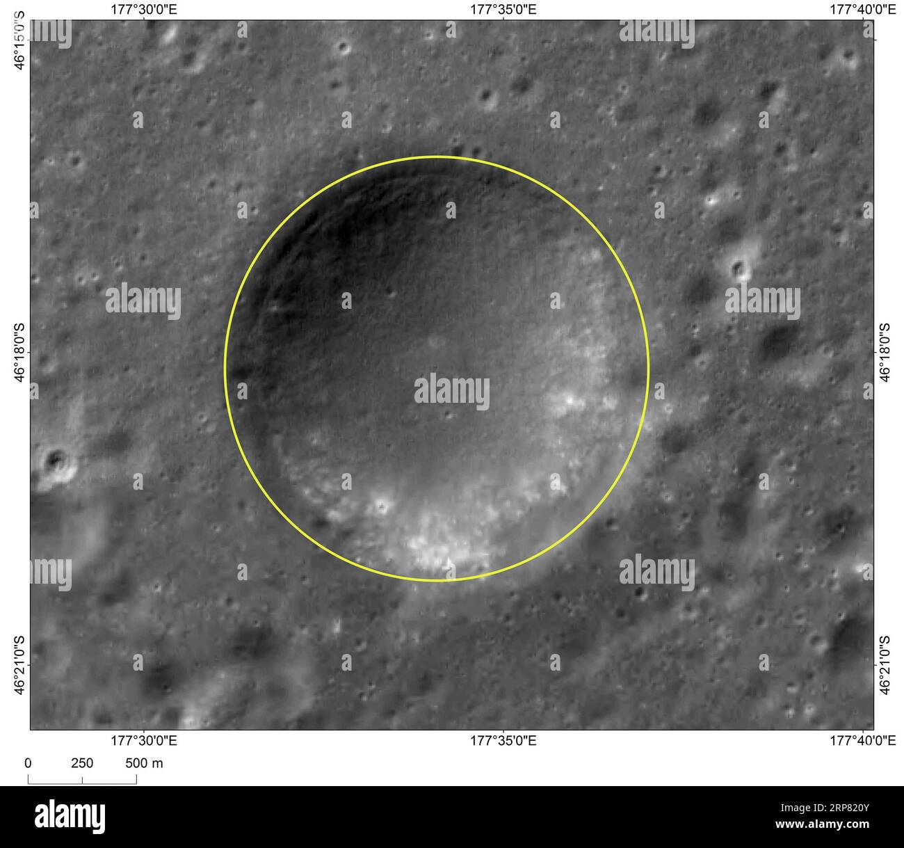 (190215) -- BEIJING, Feb. 15, 2019 (Xinhua) -- Photo provided by the China National Space Administration (CNSA) shows the image of Hegu, a crater near Statio Tianhe , the landing site of China s Chang e-4 lunar probe. The landing site of China s Chang e-4 lunar probe has been named Statio Tianhe after the spacecraft made the first-ever soft landing on the far side of the moon last month. Together with three nearby impact craters and one hill, the name was approved by the International Astronomical Union (IAU), Liu Jizhong, director of the China Lunar Exploration and Space Engineering Center of Stock Photo