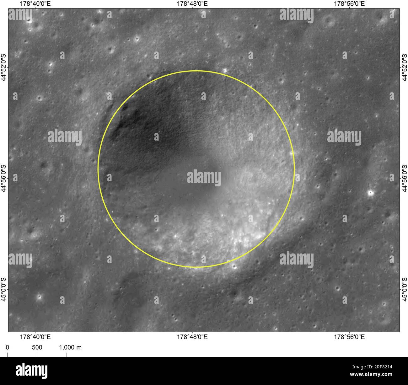 (190215) -- BEIJING, Feb. 15, 2019 (Xinhua) -- Photo provided by the China National Space Administration (CNSA) shows the image of Tianjin, a crater near Statio Tianhe , the landing site of China s Chang e-4 lunar probe. The landing site of China s Chang e-4 lunar probe has been named Statio Tianhe after the spacecraft made the first-ever soft landing on the far side of the moon last month. Together with three nearby impact craters and one hill, the name was approved by the International Astronomical Union (IAU), Liu Jizhong, director of the China Lunar Exploration and Space Engineering Center Stock Photo