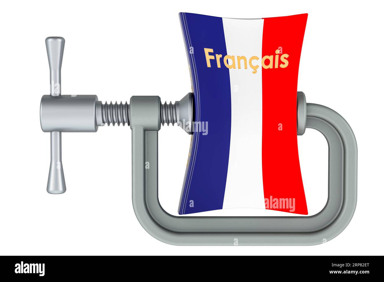 French language textbook squeezed in a clamp. Intensive course of