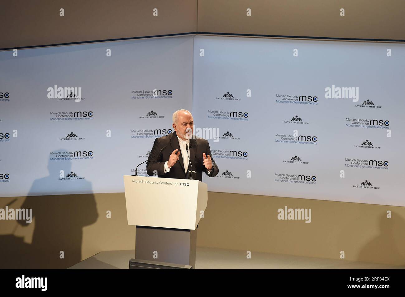 (190217) -- MUNICH, Feb. 17, 2019 (Xinhua) -- Iranian Foreign Minister Mohammad Javad Zarif addresses the 55th Munich Security Conference (MSC) in Munich, Germany, on Feb. 17, 2019. Zarif on Sunday urged European powers to do more to save the nuclear deal with the Islamic republic, and accused Washington of having an obsession with Iran. (Xinhua/Lu Yang) GERMANY-MUNICH-MSC-IRANIAN FM PUBLICATIONxNOTxINxCHN Stock Photo