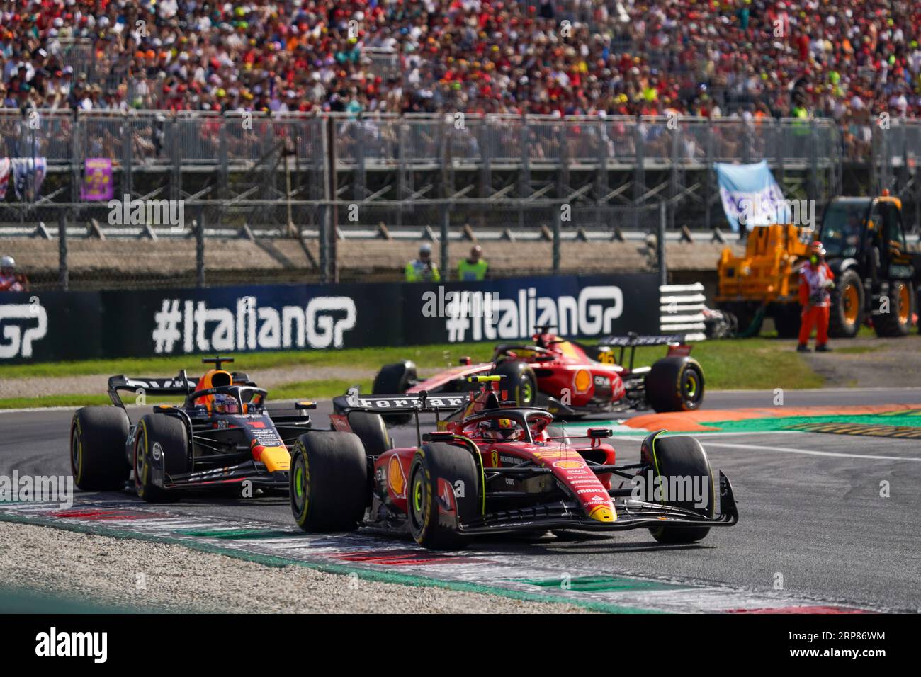 Monza, Italy. 3 Sep, 2023. Carlos Sainz Jr. of Spain driving the (55) Scuderia Ferrari SF-23 Ferrari and Max Verstappen of Netherlands driving the (1) Oracle Red Bull Racing RB19 Honda RBPT, during Formula 1 Pirelli Gp d'Italia. Credit: Alessio Morgese/Alessio Morgese / Emage / Alamy live news Stock Photo