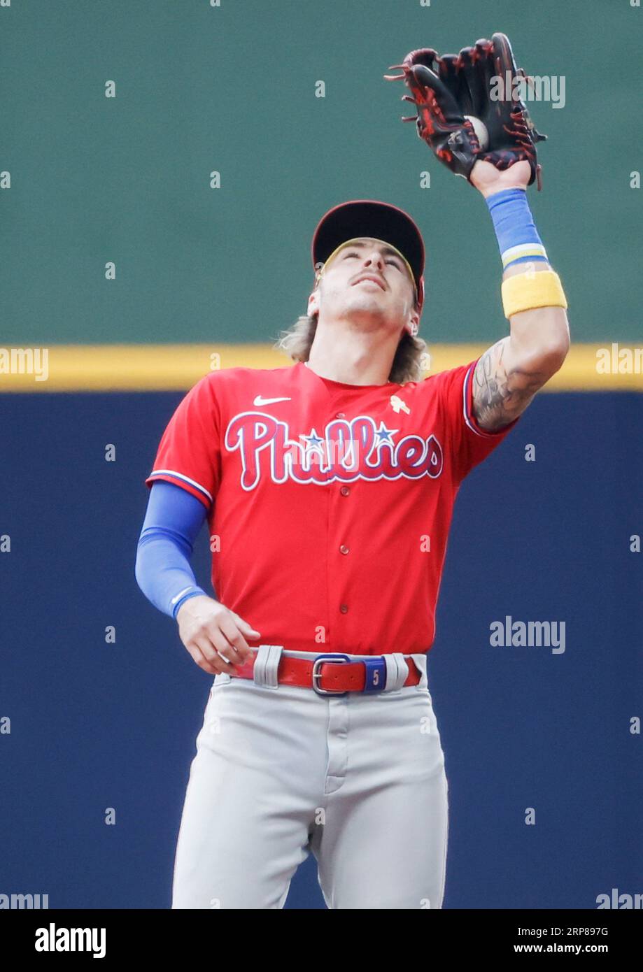 Philadelphia Phillies' Bryson Stott, left, and Nick Maton celebrate after a  baseball game against the Cincinnati Reds, Monday, Aug. 22, 2022, in  Philadelphia. (AP Photo/Matt Slocum Stock Photo - Alamy