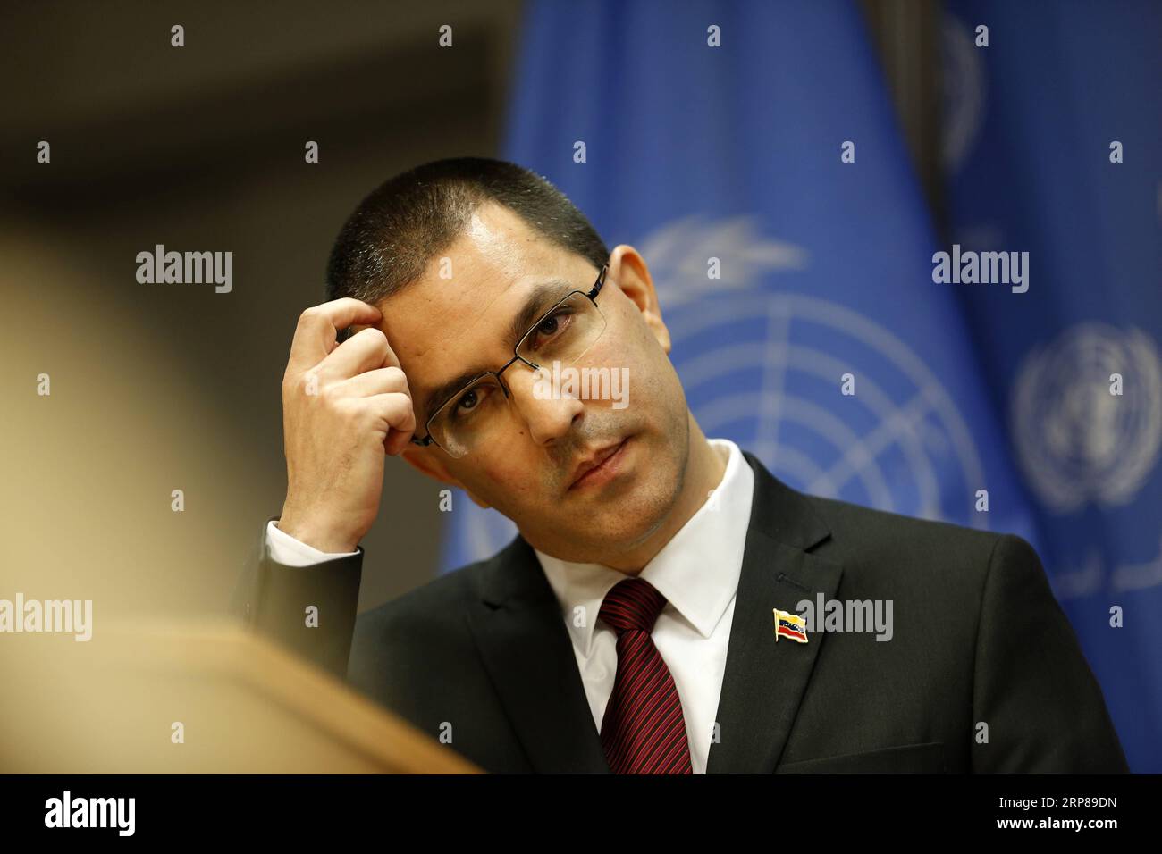 (190223) -- UNITED NATIONS, Feb. 23, 2019 (Xinhua) -- Venezuelan Foreign Minister Jorge Arreaza attends a press conference at the United Nations headquarters in New York, Feb. 22, 2019. Venezuelan Foreign Minister Jorge Arreaza said Friday that his government wants to have peace with the United States and hopes to sit down at the table with the opposition. (Xinhua/Li Muzi) UN-VENEZUELA-FM-JORGE ARREAZA-RESS CONFERENCE PUBLICATIONxNOTxINxCHN Stock Photo