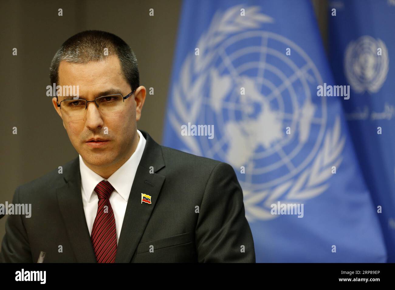 News Bilder des Tages (190223) -- UNITED NATIONS, Feb. 23, 2019 (Xinhua) -- Venezuelan Foreign Minister Jorge Arreaza attends a press conference at the United Nations headquarters in New York, Feb. 22, 2019. Venezuelan Foreign Minister Jorge Arreaza said Friday that his government wants to have peace with the United States and hopes to sit down at the table with the opposition. (Xinhua/Li Muzi) UN-VENEZUELA-FM-JORGE ARREAZA-RESS CONFERENCE PUBLICATIONxNOTxINxCHN Stock Photo