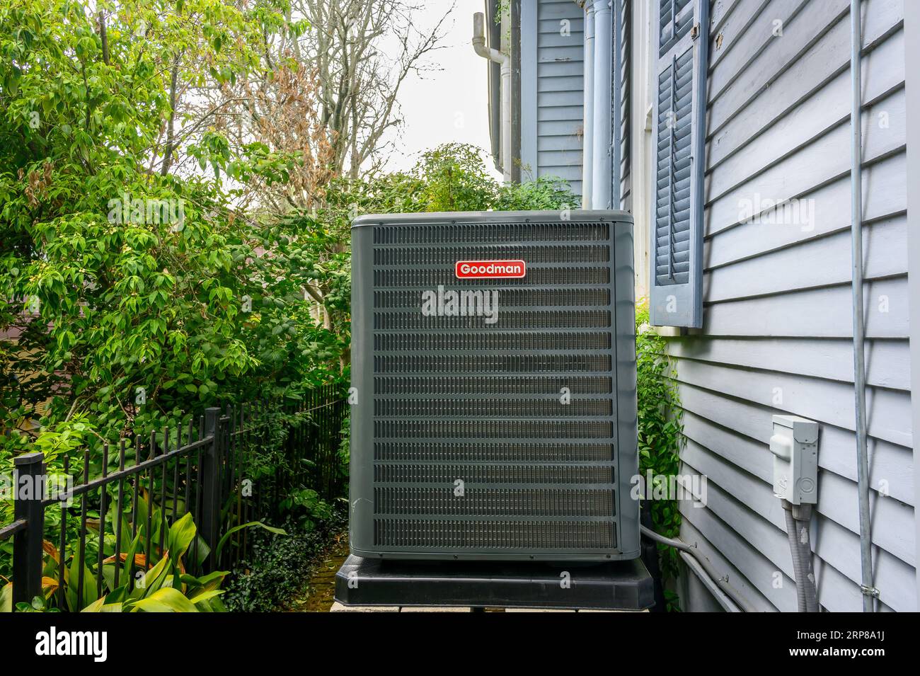 NEW ORLEANS, LA, USA AUGUST 29, 2023 New Goodman air conditioning unit on side of historic