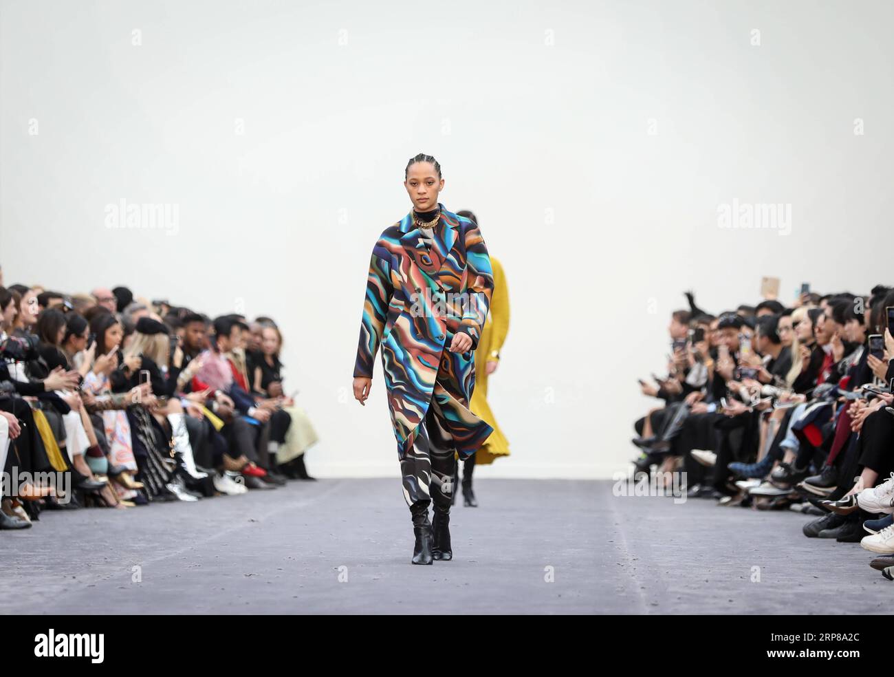 (190223) -- MILAN, Feb. 23, 2019 -- Models present creations for Roberto Cavalli during Milan Fashion Week Autumn/Winter 2019/2020 in Milan, Italy, Feb. 23, 2019. ) ITALY-MILAN-FASHION WEEK-ROBERTO CAVALLI ChengxTingting PUBLICATIONxNOTxINxCHN Stock Photo