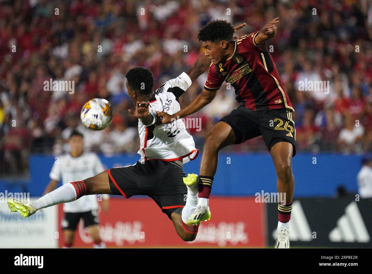 Frisco, Texas, United States: Geovane de Jesus Rocha (Dallas) and Caleb Wiley (Atlanta) clash in the air during the MLS game between FC Dallas and Atlanta United played at Toyota Stadium on Saturday September 2, 2023. (Credit Image: © Javier Vicencio/eyepix via ZUMA Press Wire) EDITORIAL USAGE ONLY! Not for Commercial USAGE! Stock Photo