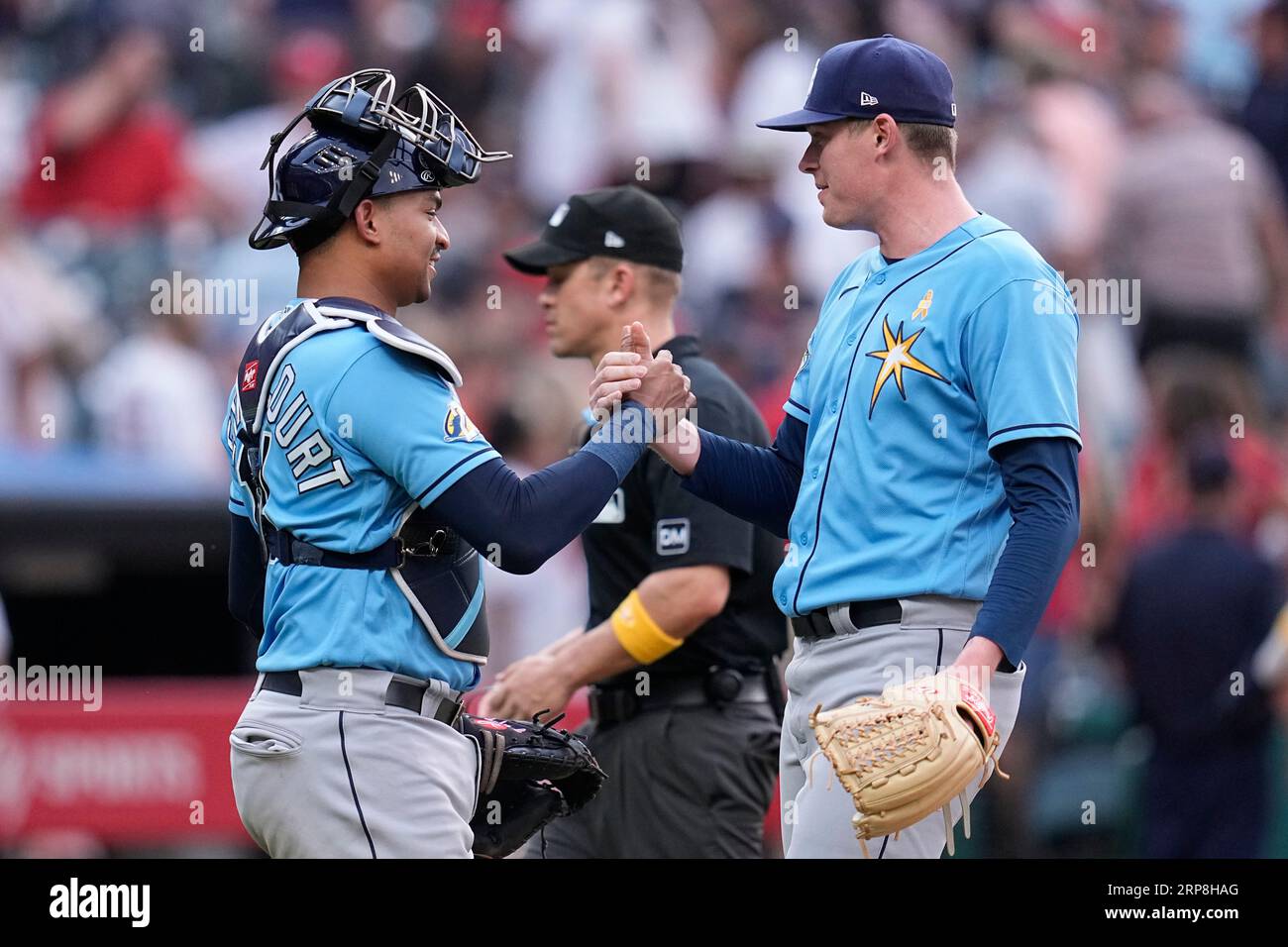 ST. PETERSBURG, FL - APRIL 24: Tampa Bay Rays Catcher Christian Bethancourt  (14) is pumped up after getting a key hit during the MLB regular season  game between the Houston Astros and