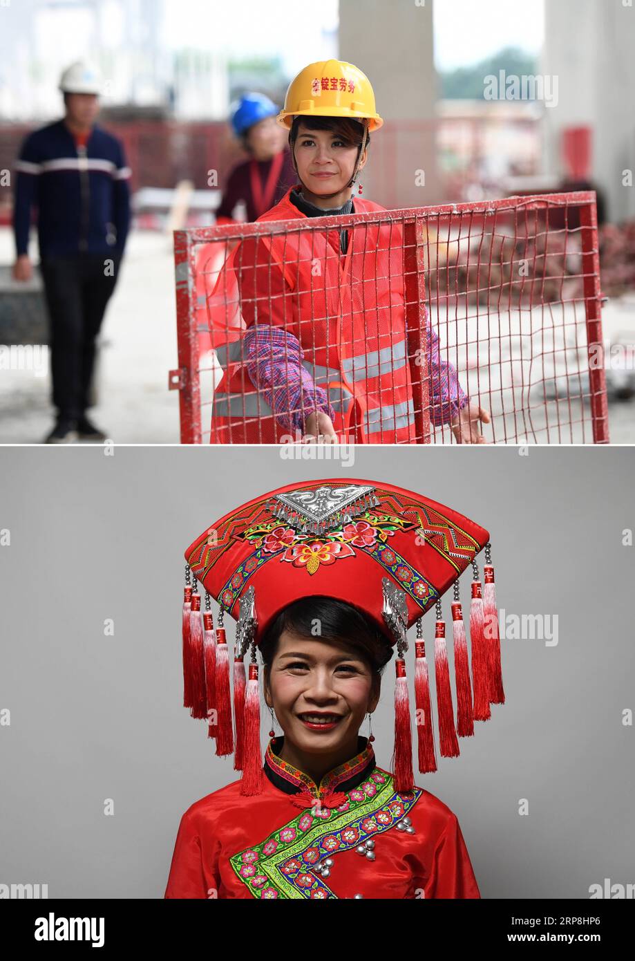 (190307) -- NANNING, March 7, 2019 (Xinhua) -- Combination photo taken on March 6, 2019 shows worker Yu Shaofeng working at the construction site (above) and dressed up as Liu Sanjie , a famous legendary folk song singer of Zhuang ethnic group, at a photography studio, in Nanning, south China s Guangxi Zhuang Autonomous Region. As the International Women s Day is drawing near, the Guangxi branch of China Construction Third Bureau First Engineering Co., Ltd chose eight female workers from different posts to take photos dressing the clothes of Zhuang ethnic group to record their beautiful moment Stock Photo