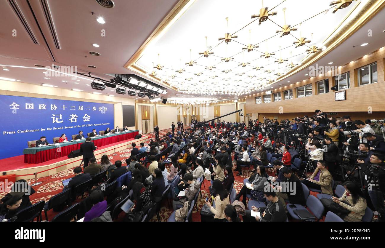 (190310) -- BEIJING, March 10, 2019 -- Lai Ming, Wu Weishan, Pan Jianwei, Kenneth Fok Kai-kong and Shi Hong, members of the 13th National Committee of the Chinese People s Political Consultative Conference (CPPCC), attend a press conference on political advisors performance of duties in the new era for the second session of the 13th CPPCC National Committee in Beijing, capital of China, March 10, 2019. ) (TWO SESSIONS)CHINA-BEIJING-CPPCC-PRESS CONFERENCE (CN) ShenxBohan PUBLICATIONxNOTxINxCHN Stock Photo
