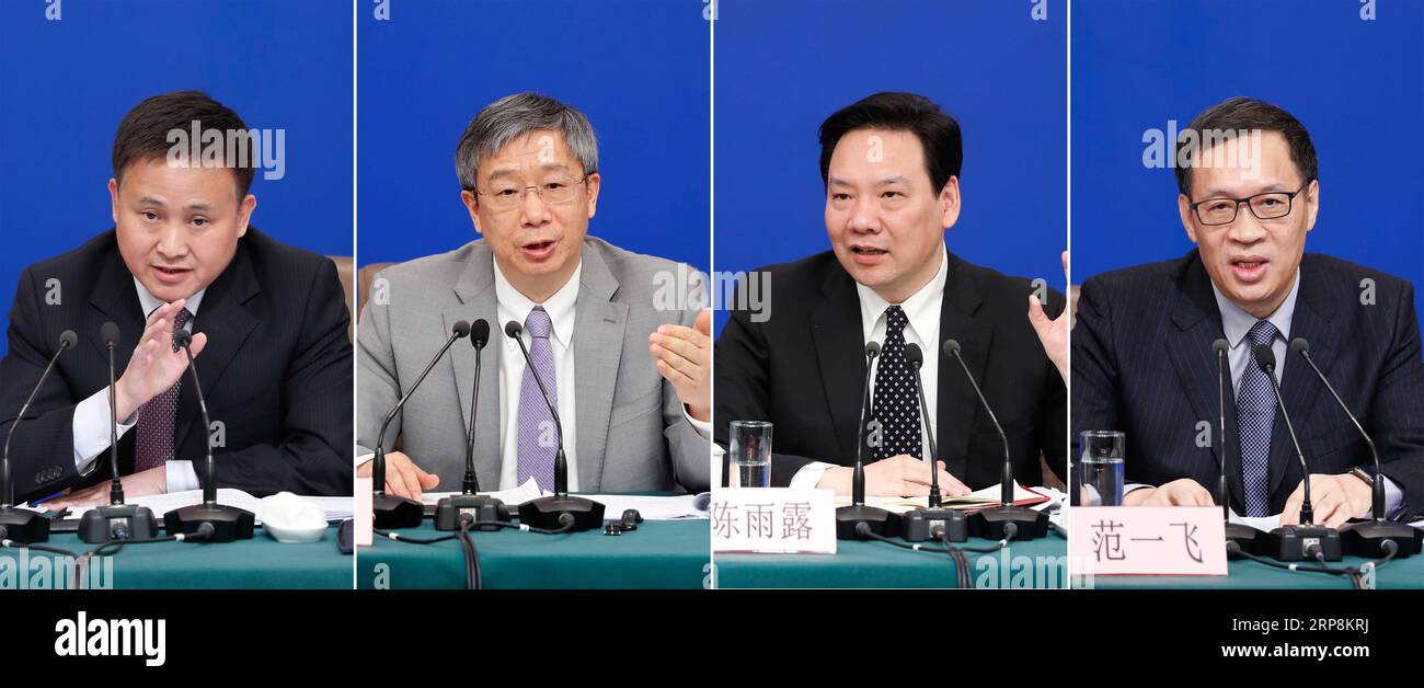 (190310) -- BEIJING, March 10, 2019 -- Combo photo shows Governor of the People s Bank of China (PBOC) Yi Gang (2nd L), PBOC Deputy Governor Chen Yulu (2nd R), PBOC Deputy Governor and Head of the State Administration of Foreign Exchange Pan Gongsheng (1st L) and PBOC Deputy Governor Fan Yifei (1st R) attending a press conference on the financial reform and development for the second session of the 13th National People s Congress (NPC) in Beijing, capital of China, March 10, 2019. ) (TWO SESSIONS)CHINA-BEIJING-NPC-PRESS CONFERENCE (CN) ShenxBohan PUBLICATIONxNOTxINxCHN Stock Photo