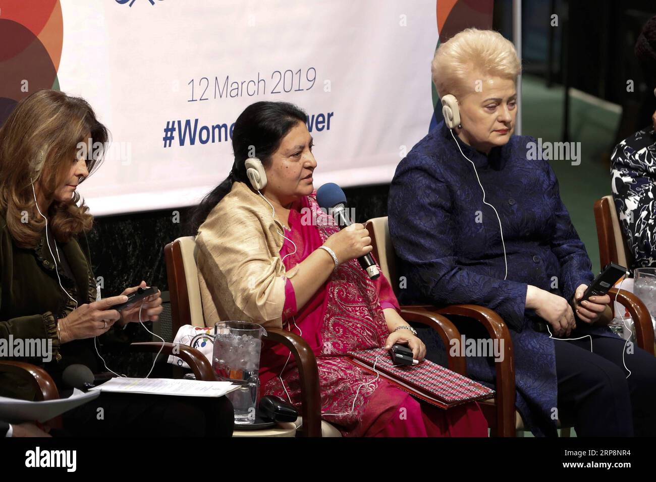 (190312) -- UNITED NATIONS, March 12, 2019 -- Nepalese President Bidhya Devi Bhandari (C) speaks during a round-table discussion of a high-level event on Women in Power at the UN headquarters in New York, on March 12, 2019. UN General Assembly President Maria Fernanda Espinosa Garces hosted the high-level event on Women in Power on Tuesday and highlighted the benefits of women s participation in politics, including economic stability and promotion of fairer laws. ) UN-HIGH-LEVEL EVENT-WOMEN IN POWER LIxMUZI PUBLICATIONxNOTxINxCHN Stock Photo