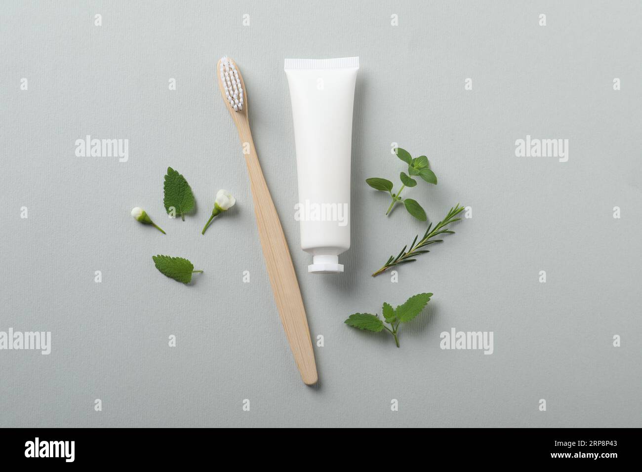 Flat lay composition with toothbrush, toothpaste and herbs on light ...