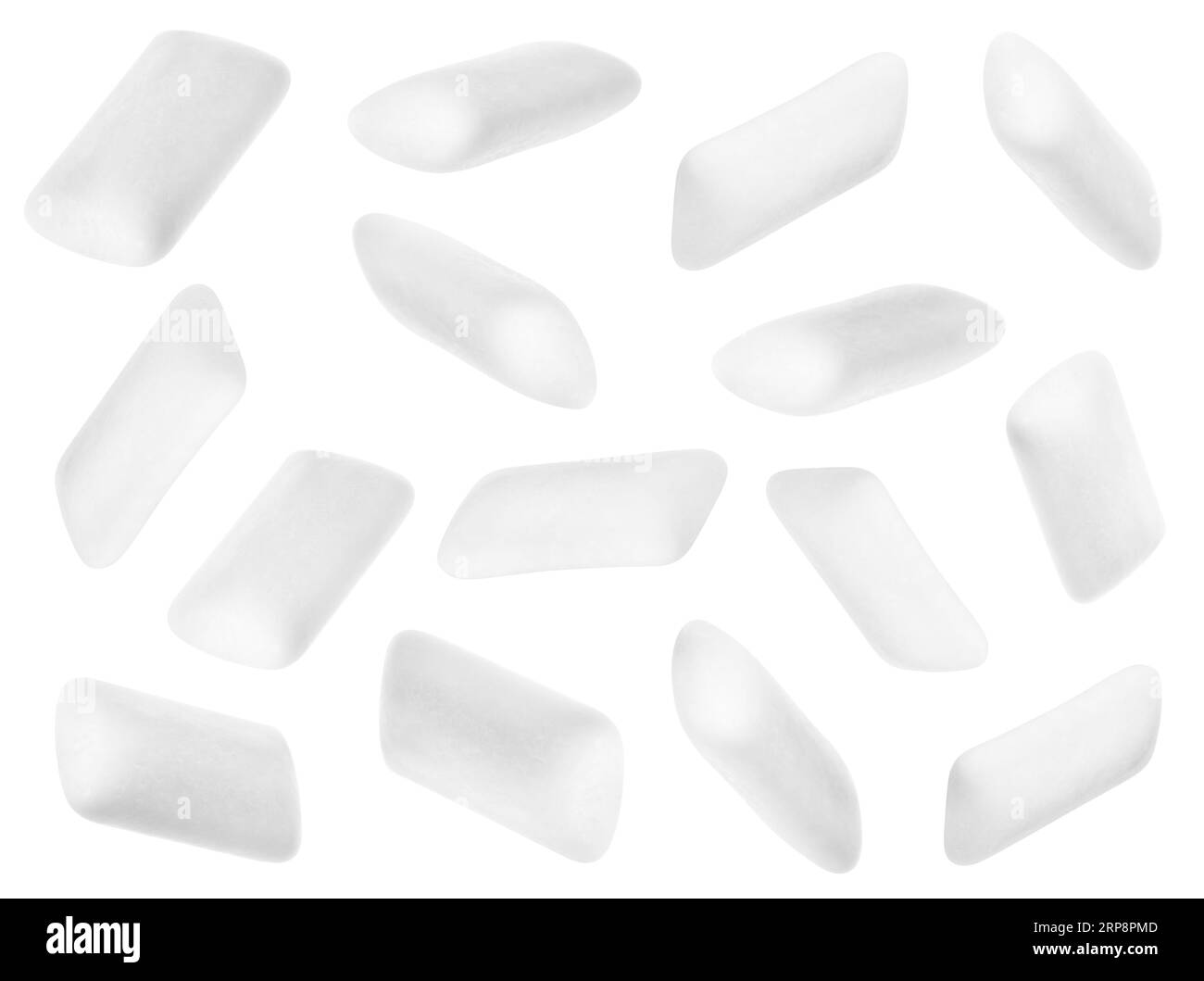 Many chewing gum pads falling on white background Stock Photo Alamy