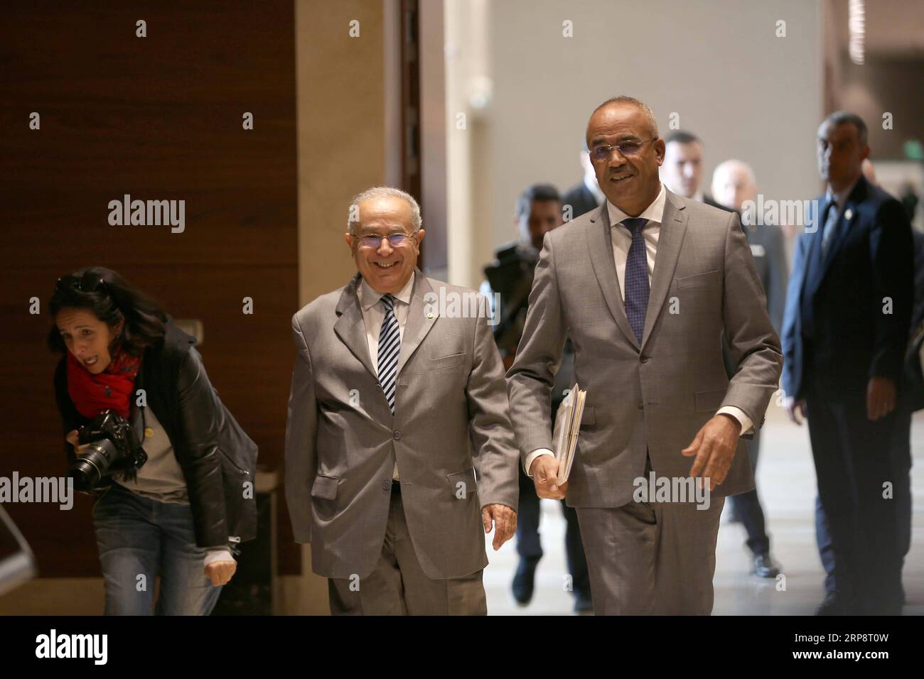 (190314) -- ALGIERS, March 14, 2019 () -- Algerian newly appointed Prime Minister Noureddine Bedoui (1st R, Front) and Foreign Minister Ramtane Lamamra (2nd R, Front) arrive for a joint press conference in Algiers, capital of Algeria, on March 14, 2019. Noureddine Bedoui on Thursday pledged that the cabinet he is due to form will be tasked with the mission of guaranteeing smooth transition of power. () ALGERIA-ALGIERS-PM-FM-PRESS CONFERENCE Xinhua PUBLICATIONxNOTxINxCHN Stock Photo