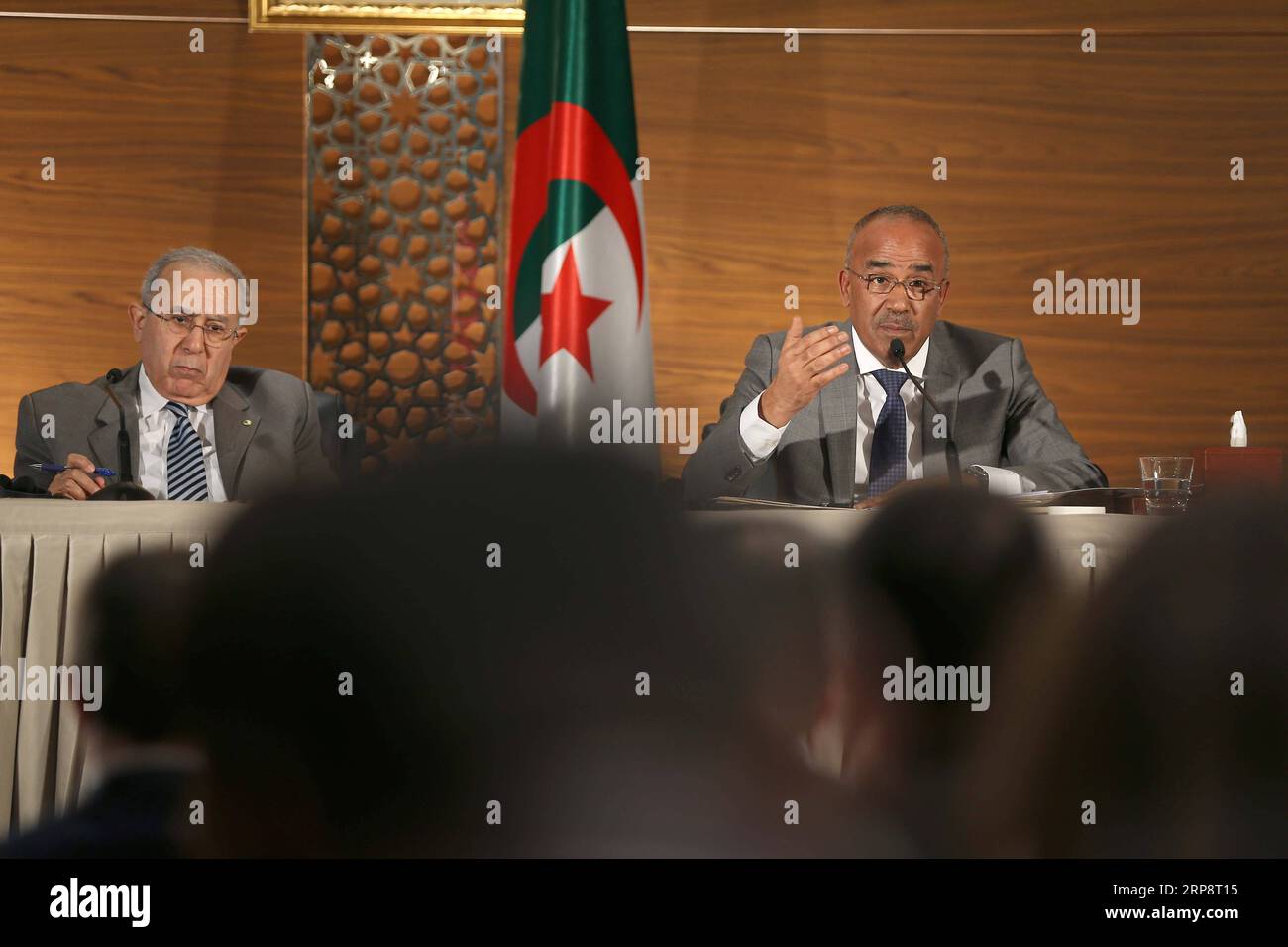 (190314) -- ALGIERS, March 14, 2019 () -- Algerian newly appointed Prime Minister Noureddine Bedoui (R) and Foreign Minister Ramtane Lamamra attend a joint press conference in Algiers, capital of Algeria, on March 14, 2019. Noureddine Bedoui on Thursday pledged that the cabinet he is due to form will be tasked with the mission of guaranteeing smooth transition of power. () ALGERIA-ALGIERS-PM-FM-PRESS CONFERENCE Xinhua PUBLICATIONxNOTxINxCHN Stock Photo