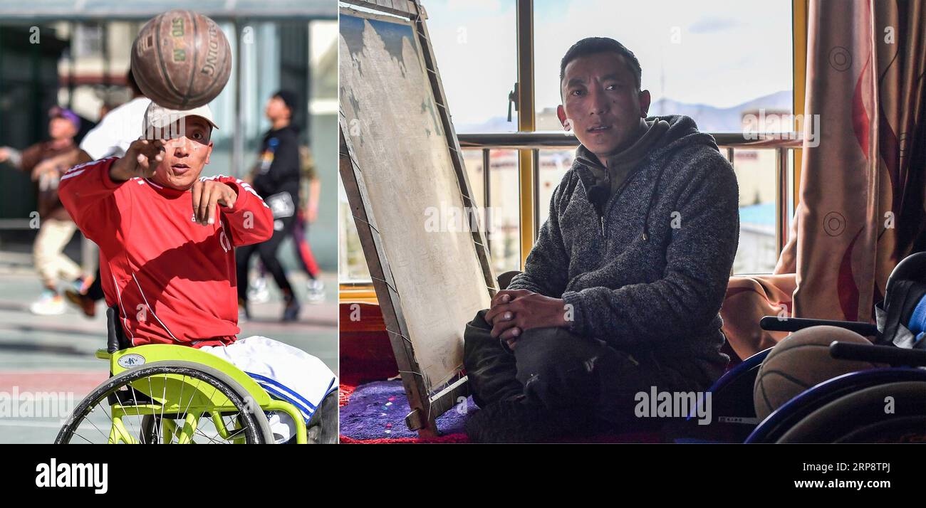 (190315) -- LHASA, March 15, 2019 -- Combo photo shows Dondrup Chosphel passing the ball to a teammate during a game in Lhasa, capital city of southwest China s Tibet Autonomous Region, March 3, 2019 (L) and Thangka artist Dondrup Chosphel at a studio on March 6, 2019. Under the warm sun of March, a close basketball game attracts a large audience at the outskirts of Lhasa, with players dribbling, shooting, passing, stealing and rebounding - in their wheelchairs. Dash! Deyang! The audience gets excited and chants out loud. The 21-year-old girl in blue wear, rushes her wheelchair through the cou Stock Photo