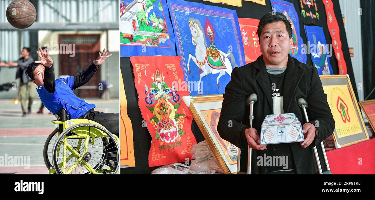 (190315) -- LHASA, March 15, 2019 -- Combo photo shows Guo Bo passing the ball to a teammate during a game in Lhasa, capital city of southwest China s Tibet Autonomous Region, March 3, 2019 (L) and Guo Bo displaying his design as an embroider designer on March 5, 2019. Under the warm sun of March, a close basketball game attracts a large audience at the outskirts of Lhasa, with players dribbling, shooting, passing, stealing and rebounding - in their wheelchairs. Dash! Deyang! The audience gets excited and chants out loud. The 21-year-old girl in blue wear, rushes her wheelchair through the cou Stock Photo