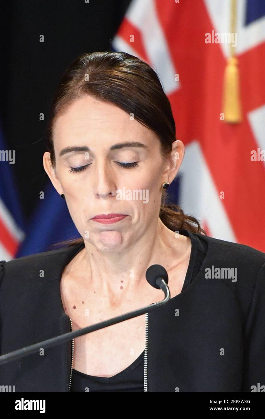 (190316) -- WELLINGTON, March 16, 2019 (Xinhua) -- New Zealand Prime Minister Jacinda Ardern reacts during a briefing in Wellington, capital of New Zealand, on March 16, 2019. Jacinda Ardern reiterated to the public on Saturday morning that the country s gun law will be changed. Gunmen opened fire in two separate mosques in Christchurch on Friday, killing 49 people and wounding 48 others. (Xinhua/Guo Lei) NEW ZEALAND-WELLINGTON-PM-CHRISTCHURCH-ATTACKS-BRIEFING PUBLICATIONxNOTxINxCHN Stock Photo