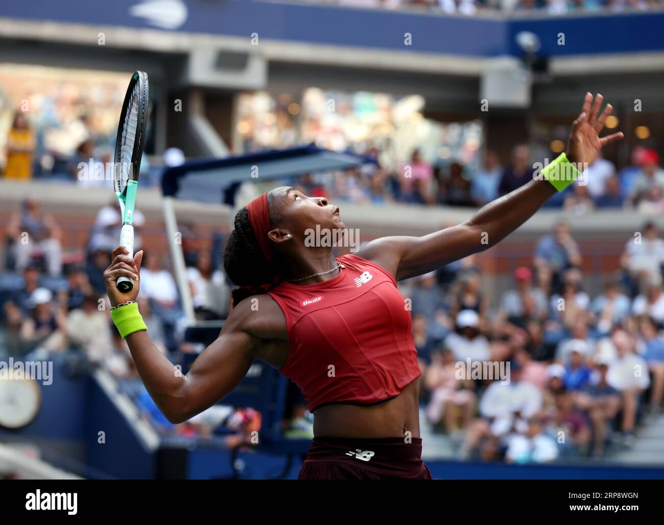 New York, United States. 03rd Sep, 2023. Number 6 seed Coco Gauff of the United States serving to Caroline Wozniacki of Denmark during their fourth round match at the US Open. Photography by Credit: Adam Stoltman/Alamy Live News Stock Photo