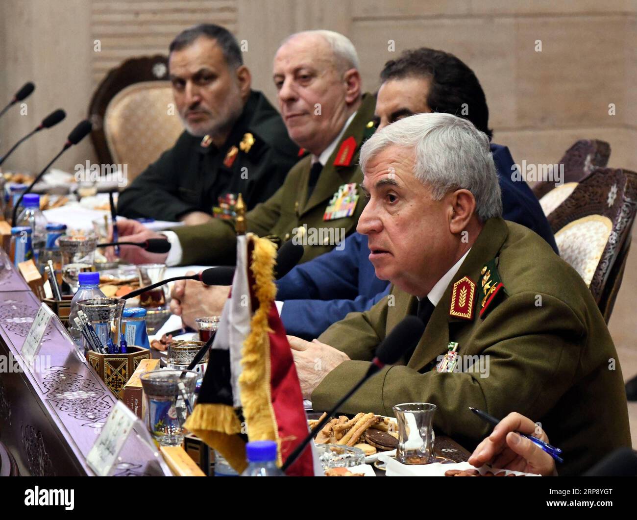 (190318) -- DAMASCUS, March 18, 2019 -- Ali Abdullah Ayyoub (R), the Syrian defense minister, attends a meeting with the chiefs of staff of Iraq and Iran in Damascus, capital of Syria, March 18, 2019. The Syrian official said on Monday that the Syrian state will completely wrest control over all of Syria sooner or later, noting that there will be no inch of Syria out of the government control. ) SYRIA-DAMASCUS-IRAN-IRAQ-MILITARY-MEETING AmmarxSafarjalani PUBLICATIONxNOTxINxCHN Stock Photo