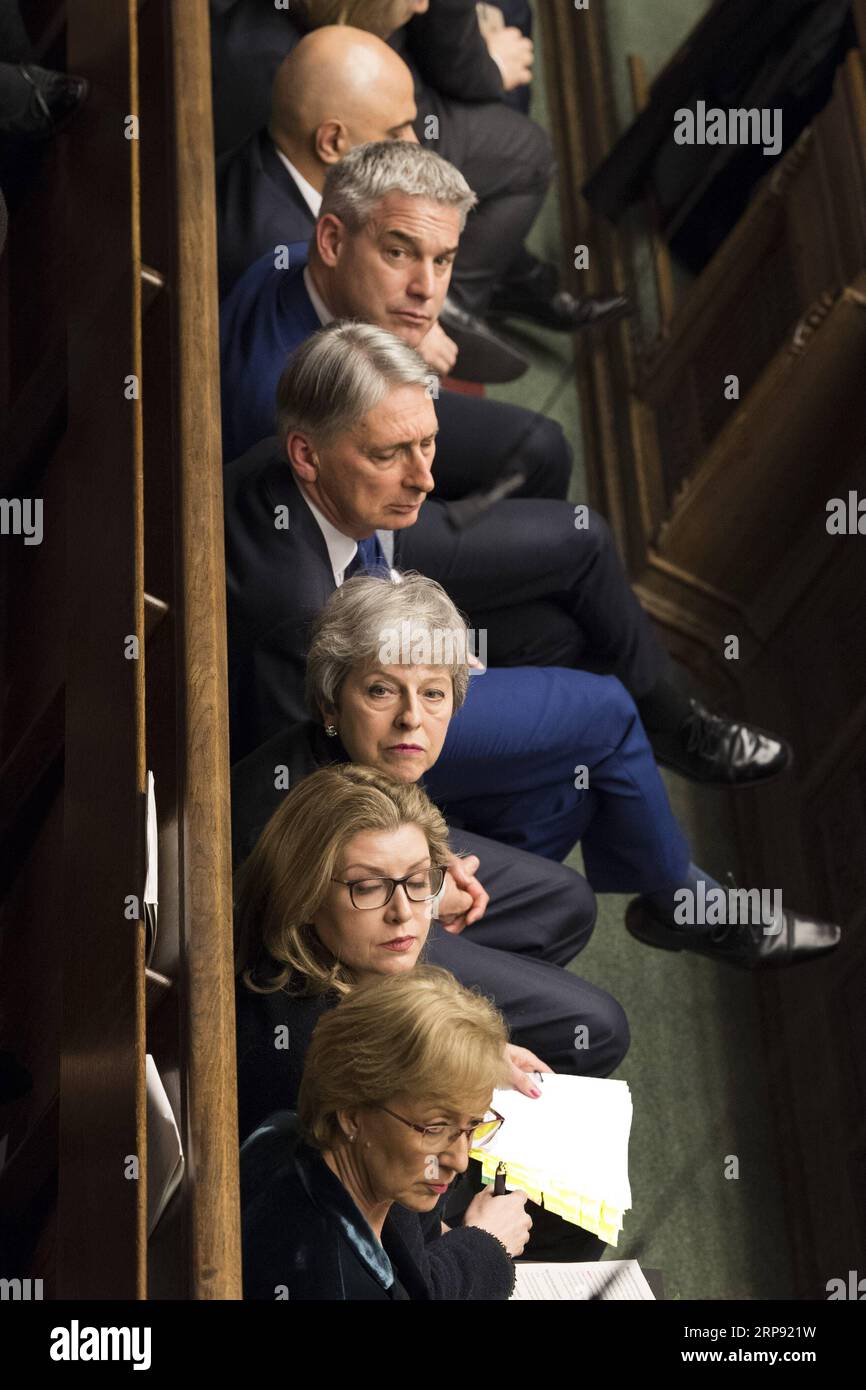 (190320) -- LONDON, March 20, 2019 -- British Prime Minister Theresa May (3rd from Bottom) attends the Prime Minister s Question Time in the House of Commons in London, Britain, on March 20, 2019. Theresa May confirmed Wednesday she has written to the European Union seeking to delay Britain s departure from the bloc until June 30. ) HOC MANDATORY CREDIT: BRITAIN-LONDON-PM-BREXIT-DELAY UKxParliament/MarkxDuffy PUBLICATIONxNOTxINxCHN Stock Photo