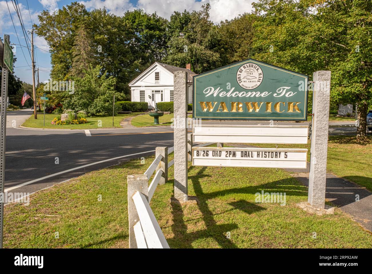 A sign as one enters the town of Warwick, MA Stock Photo