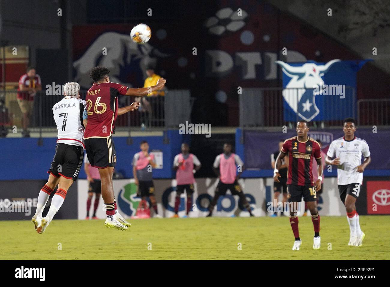 Frisco, USA. 02nd Sep, 2023. Frisco, Texas, United States: Paul Arriola (Dallas) and Caleb Wiley (Atlanta) battle for the header during the MLS game between FC Dallas and Atlanta United played at Toyota Stadium on Saturday September 2, 2023. (Photo by Javier Vicencio/Eyepix Group/Sipa USA) Credit: Sipa USA/Alamy Live News Stock Photo