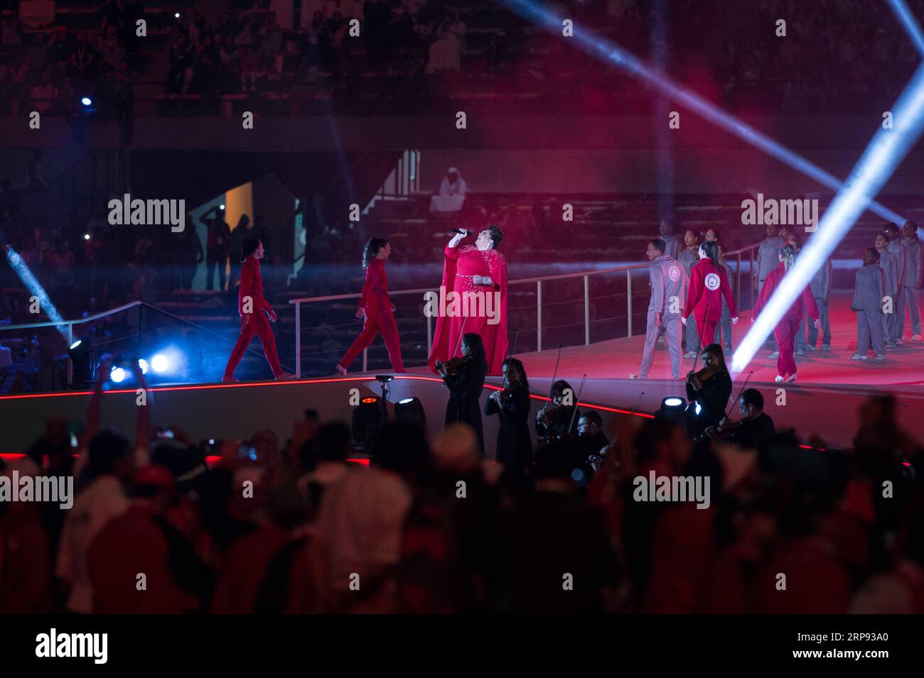 (190322) -- ABU DHABI, March 22, 2019 (Xinhua) -- American actress and singer Keala Settle (C) performs during the closing ceremony of the 2019 Abu Dhabi Special Olympics World Games in Abu Dhabi, the United Arab Emirates, on March 21, 2019. (Xinhua/Meng Tao) (SP)UAE-ABU DHABI-SPECIAL OLYMPICS-CLOSING CEREMONY PUBLICATIONxNOTxINxCHN Stock Photo