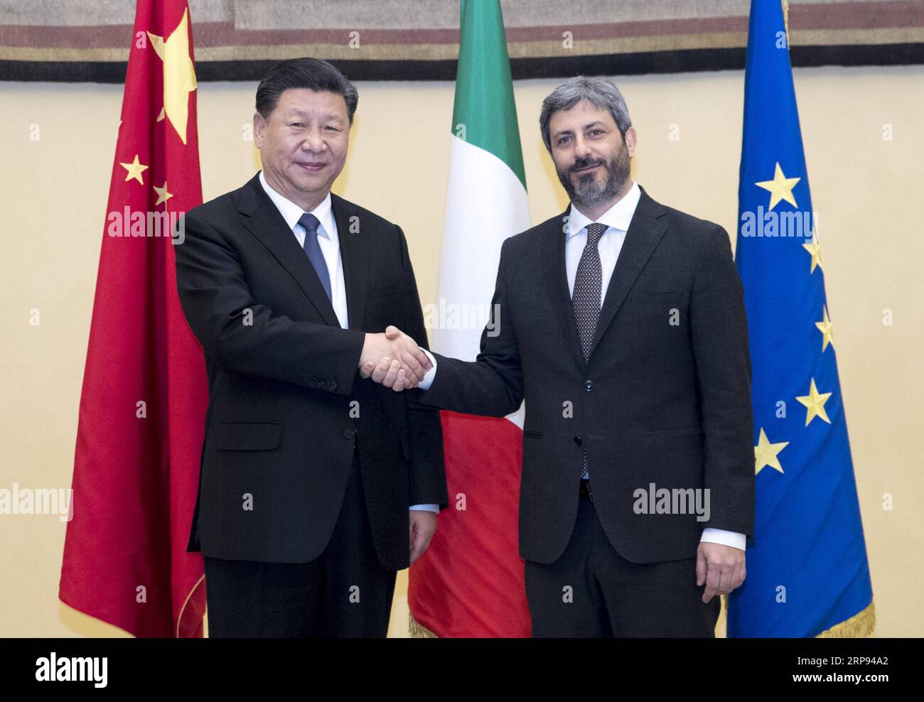 (190322) -- ROME, March 22, 2019 -- Chinese President Xi Jinping (L) meets with Roberto Fico, president of the Italian Chamber of Deputies, in Rome, Italy, March 22, 2019. ) ITALY-ROME-XI JINPING-LOWER HOUSE SPEAKER-MEETING WangxYe PUBLICATIONxNOTxINxCHN Stock Photo