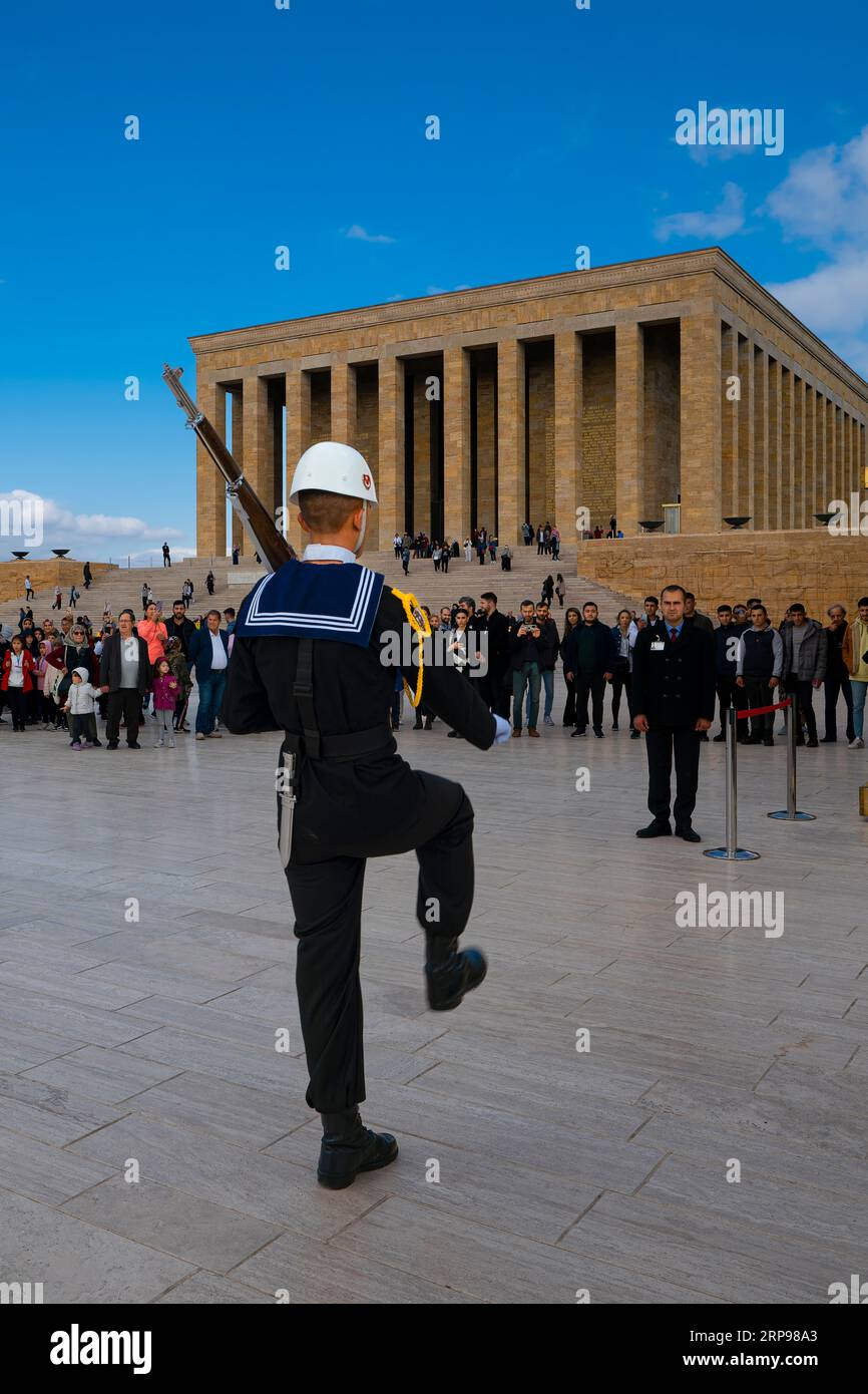 Turkish honor guard marching on ceremonial courtyard.  Mausoleum of Kemal Ataturk in Anitkabir.  Ankara, Turkey Stock Photo