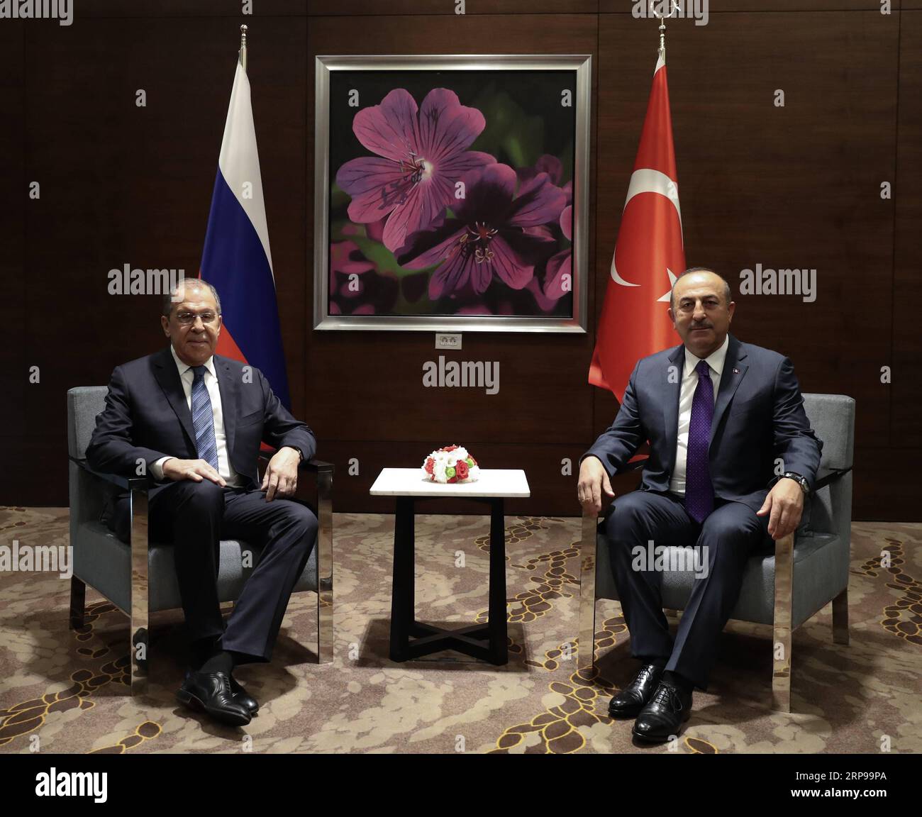 (190329) -- ANTALYA, March 29, 2019 (Xinhua) -- Turkish Foreign Minister Mevlut Cavusoglu (R) meets with his Russian counterpart Sergey Lavrov in Antalya, Turkey, March 29, 2019. Turkey s foreign minister said Friday that the purchase of Russia s S-400 air defense systems is a done deal and refuted claims over possible delivery of these systems to a third country in order to avoid U.S. sanctions. (Xinhua) TURKEY-ANTALYA-FM-RUSSIA-LAVROV-MEETING PUBLICATIONxNOTxINxCHN Stock Photo