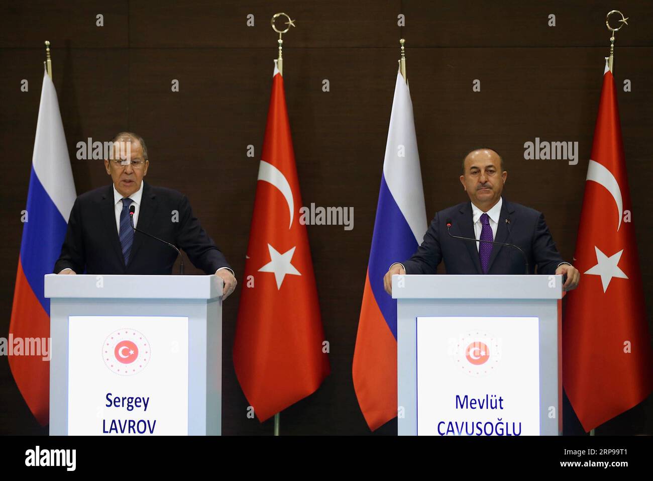 (190329) -- ANTALYA, March 29, 2019 (Xinhua) -- Turkish Foreign Minister Mevlut Cavusoglu (R) and his Russian counterpart Sergey Lavrov attend a joint press conference in Antalya, Turkey, March 29, 2019. Turkey s foreign minister said Friday that the purchase of Russia s S-400 air defense systems is a done deal and refuted claims over possible delivery of these systems to a third country in order to avoid U.S. sanctions. (Xinhua) TURKEY-ANTALYA-FM-RUSSIA-LAVROV-MEETING PUBLICATIONxNOTxINxCHN Stock Photo