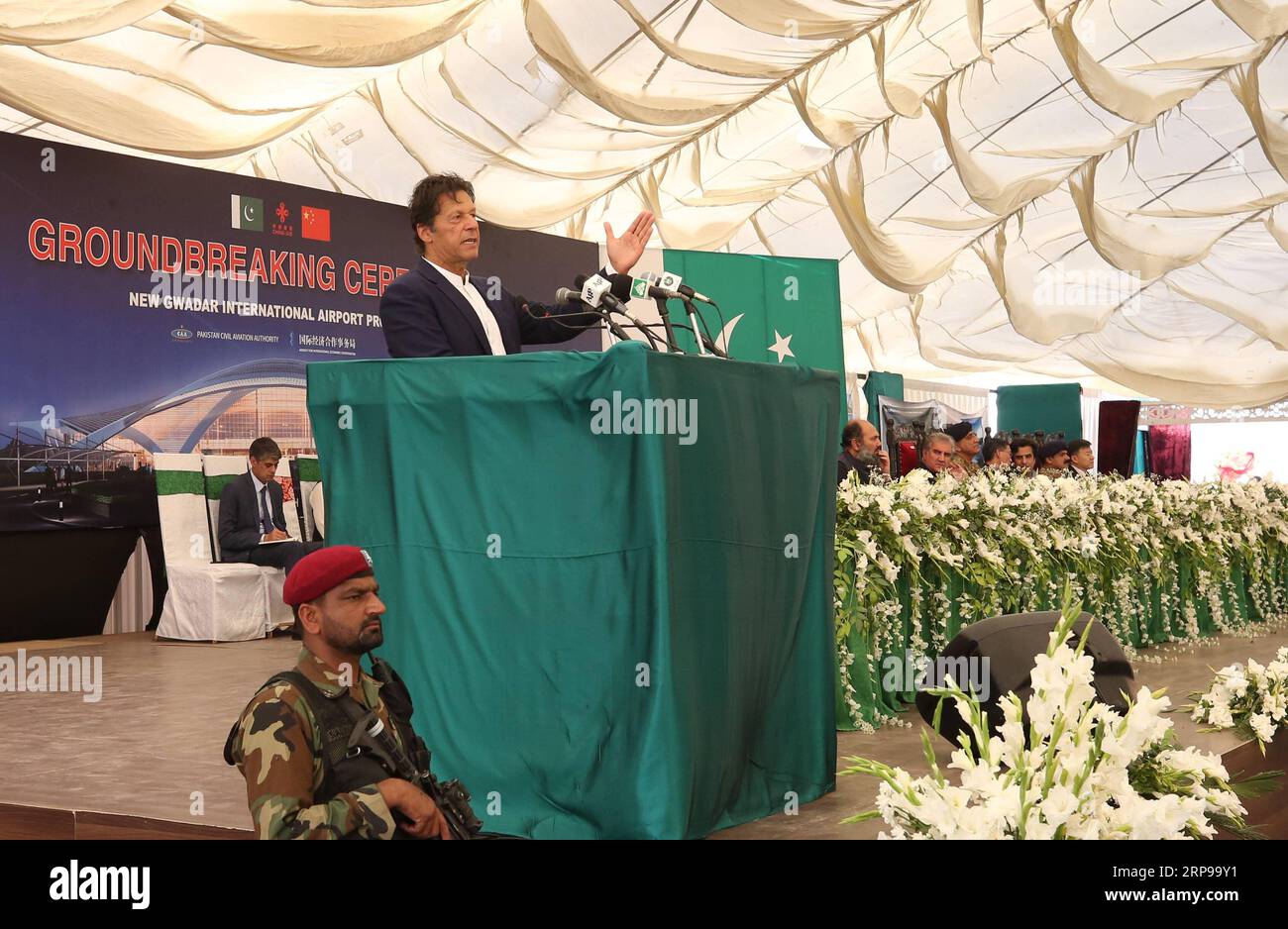 (190330) -- GWADAR, March 30, 2019 (Xinhua) -- Pakistani Prime Minister Imran Khan addresses the ground breaking ceremony of the new Gwadar International Airport Project in Gwadar, Pakistan, on March 29, 2019. Pakistan broke ground for the construction of the China-funded new Gwadar International Airport on Friday, which would link Pakistan s fast-rising southwest Gwadar port city with the rest of the world. (Xinhua/Liu Tian) PAKISTAN-GWADAR-AIRPORT-GROUND BREAKING CEREMONY PUBLICATIONxNOTxINxCHN Stock Photo