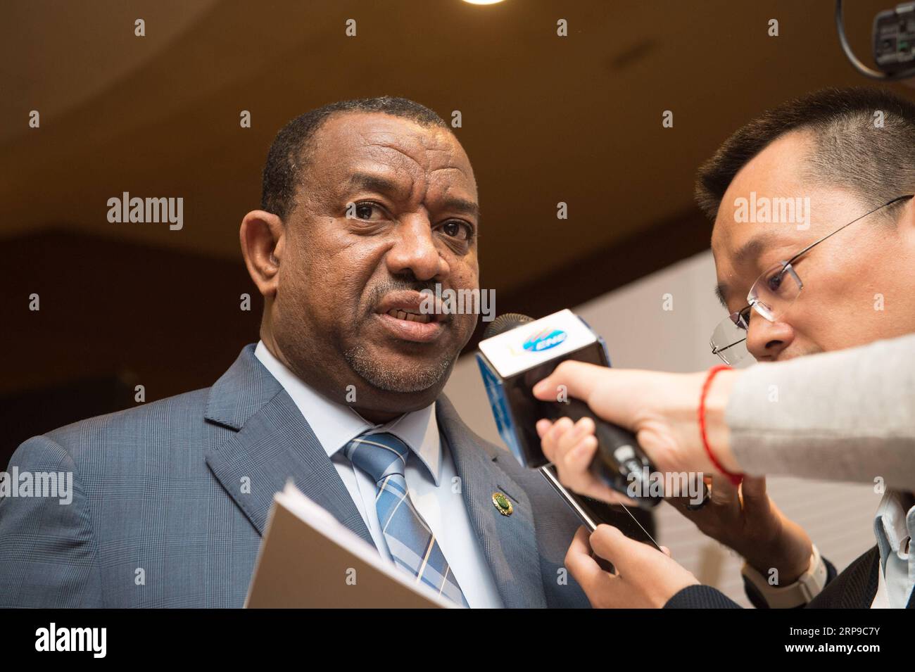 (190402) -- BEIJING, April 2, 2019 (Xinhua) -- Kamal Hassan Ali, assistant secretary general of the Arab League (AL) in charge of economic affairs, receives an interview with Xinhua during the second China-Arab States BeiDou Navigation Satellite System (BDS) Cooperation Forum in Tunis, capital of Tunisia, April 1, 2019. (Xinhua/Meng Tao) Xinhua Headlines: BeiDou navigation system guides China-Arab cooperation on Space Silk Road PUBLICATIONxNOTxINxCHN Stock Photo