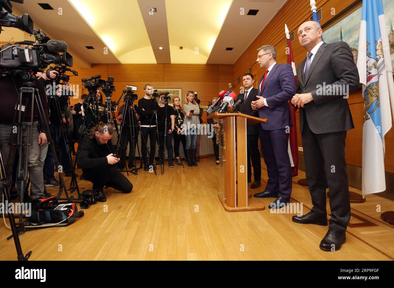 (190405) -- RIGA, April 5, 2019 (Xinhua) -- Nils Usakovs (2nd R) reacts during a press briefing after his dismissal from the post of Riga mayor in Riga, capital of Latvia, April 5, 2019. Latvian Environmental Protection and Regional Development Minister Juris Puce sacked Riga mayor Nils Usakovs on Friday, blaming him for a failure to prevent serious illegalities in the Latvian capital s municipal transport company. The mayor lost his job for not performing his office duties as prescribed by law and for several violations, according to the minister s decree published in the official newspaper L Stock Photo