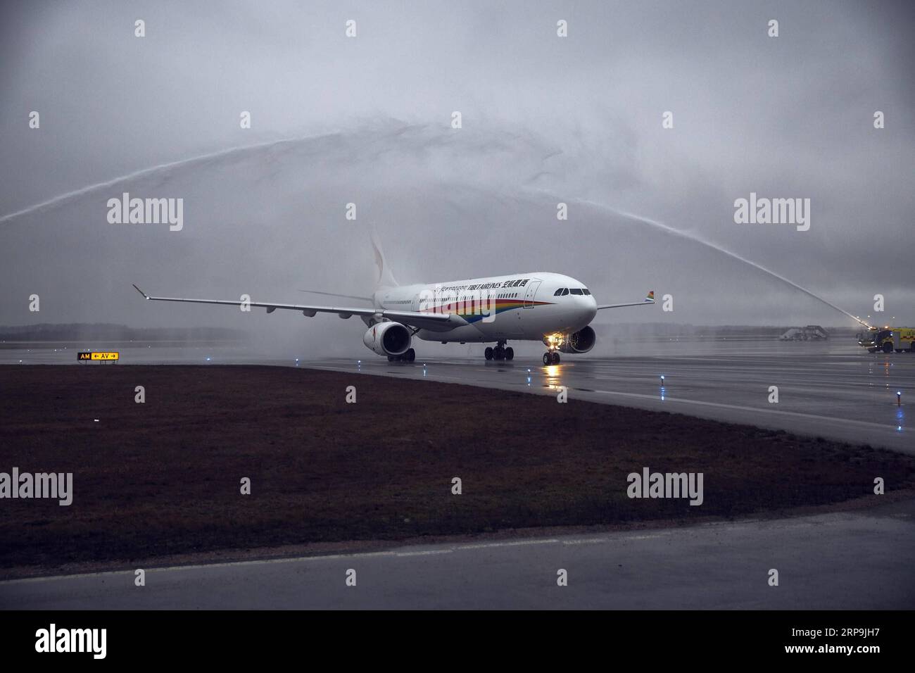 (190409) -- VANTAA, April 9, 2019 (Xinhua) -- Tibet Airlines inaugural flight from Jinan, the capital city of eastern China s Shandong Province, lands at the Helsinki-Vantaa International Airport in Finland, April 8, 2019. An Airbus 330 operated by China Tibet Airlines landed at the Helsinki-Vantaa International Airport late on Monday, opening the weekly direct flights between Jinan, Shandong Province of China and Helsinki, capital of Finland. Tibet Airlines has one flight to Finland every week in April and will possibly run two weekly flights in June. (Xinhua/Finavia) FINLAND-VANTAA-TIBET AIR Stock Photo