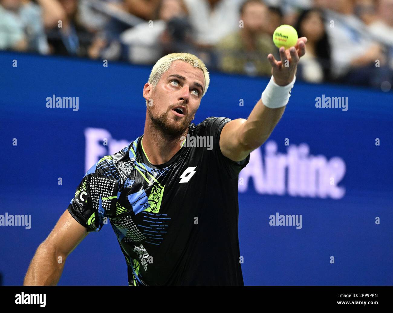 Flushing Meadow, United States. 03rd Sep, 2023. Borna Gojo of Croatia serves to Novak Djokovic of Serbia in the fourth round in Arthur Ashe Stadium at the 2023 US Open Tennis Championships at the USTA Billie Jean King National Tennis Center on Sunday, September 3, 2023 in New York City. Photo by Larry Marano/UPI Credit: UPI/Alamy Live News Stock Photo