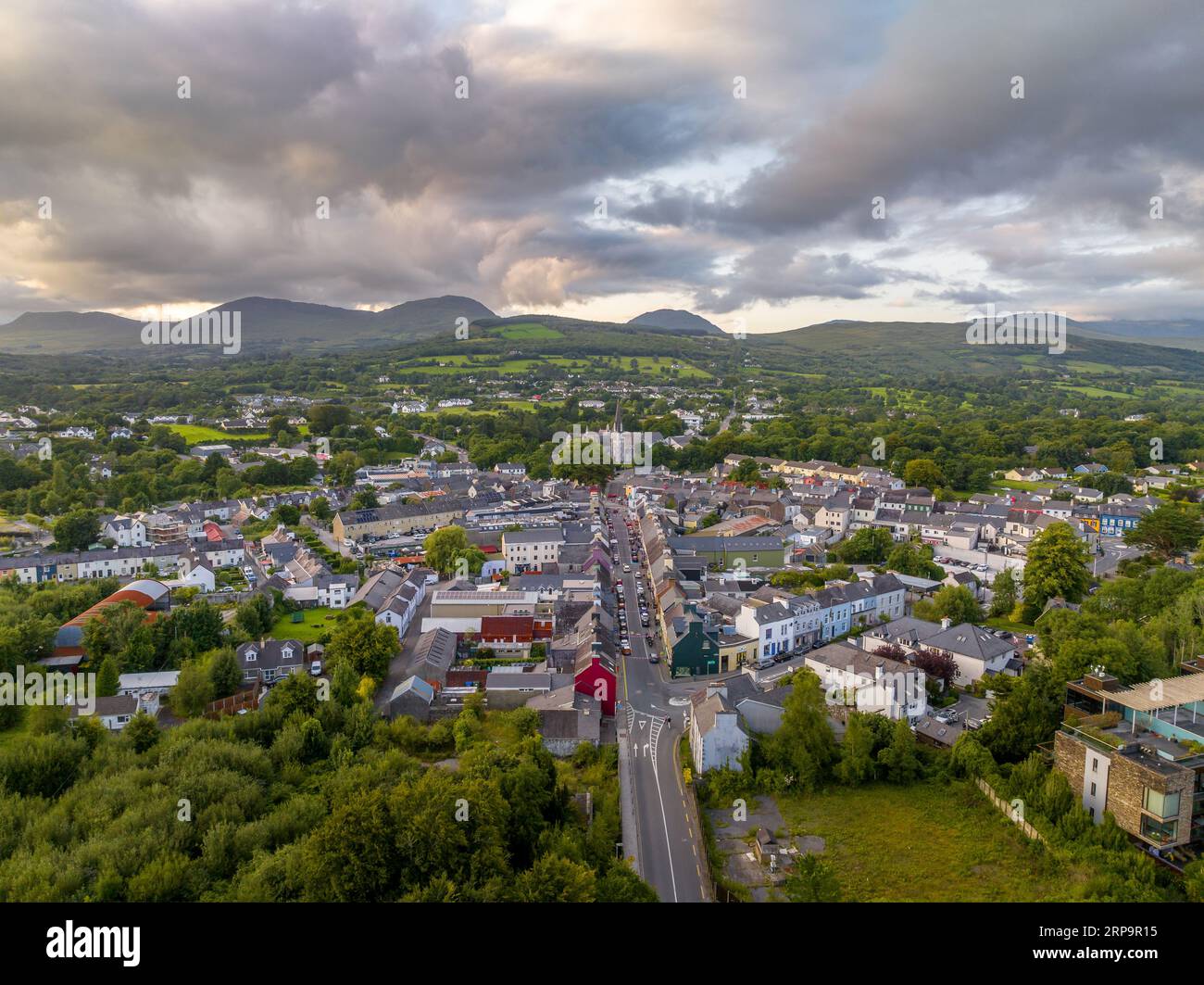 Aerial view of Kenmare with dramatic sunset sky popular vacation town