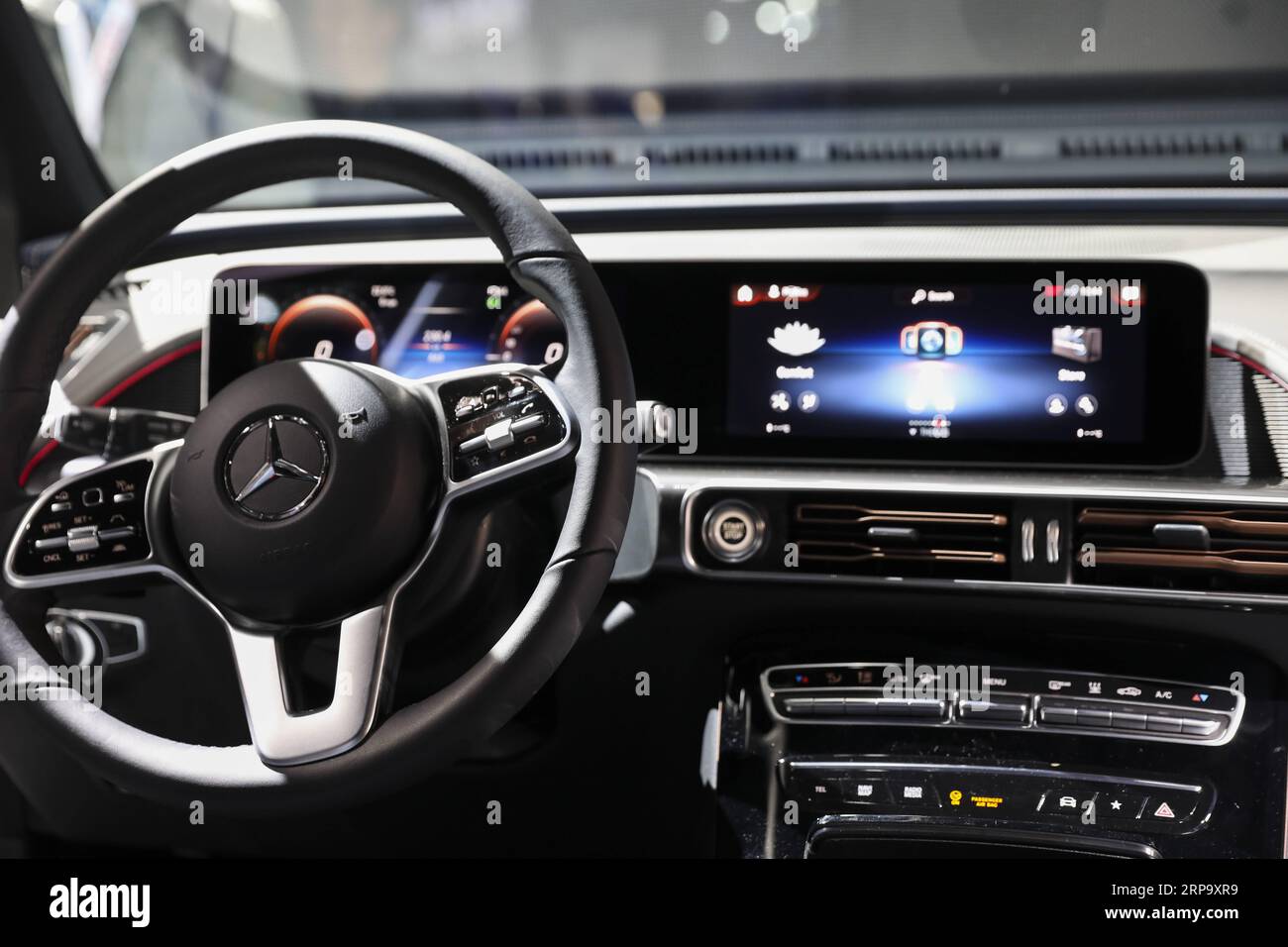(190419) -- NEW YORK, April 19, 2019 (Xinhua) -- The interior of electronic powered new Mercedes-Benz EQC Edition 1886 is seen during the media preview of the 2019 New York International Auto Show in New York, the United States, April 17, 2018. The 2019 New York International Auto Show will be open to public on Friday. (Xinhua/Wang Ying) UNITED STATES-NEW YORK-INTERNATIONAL AUTO SHOW-MEDIA PREVIEW PUBLICATIONxNOTxINxCHN Stock Photo