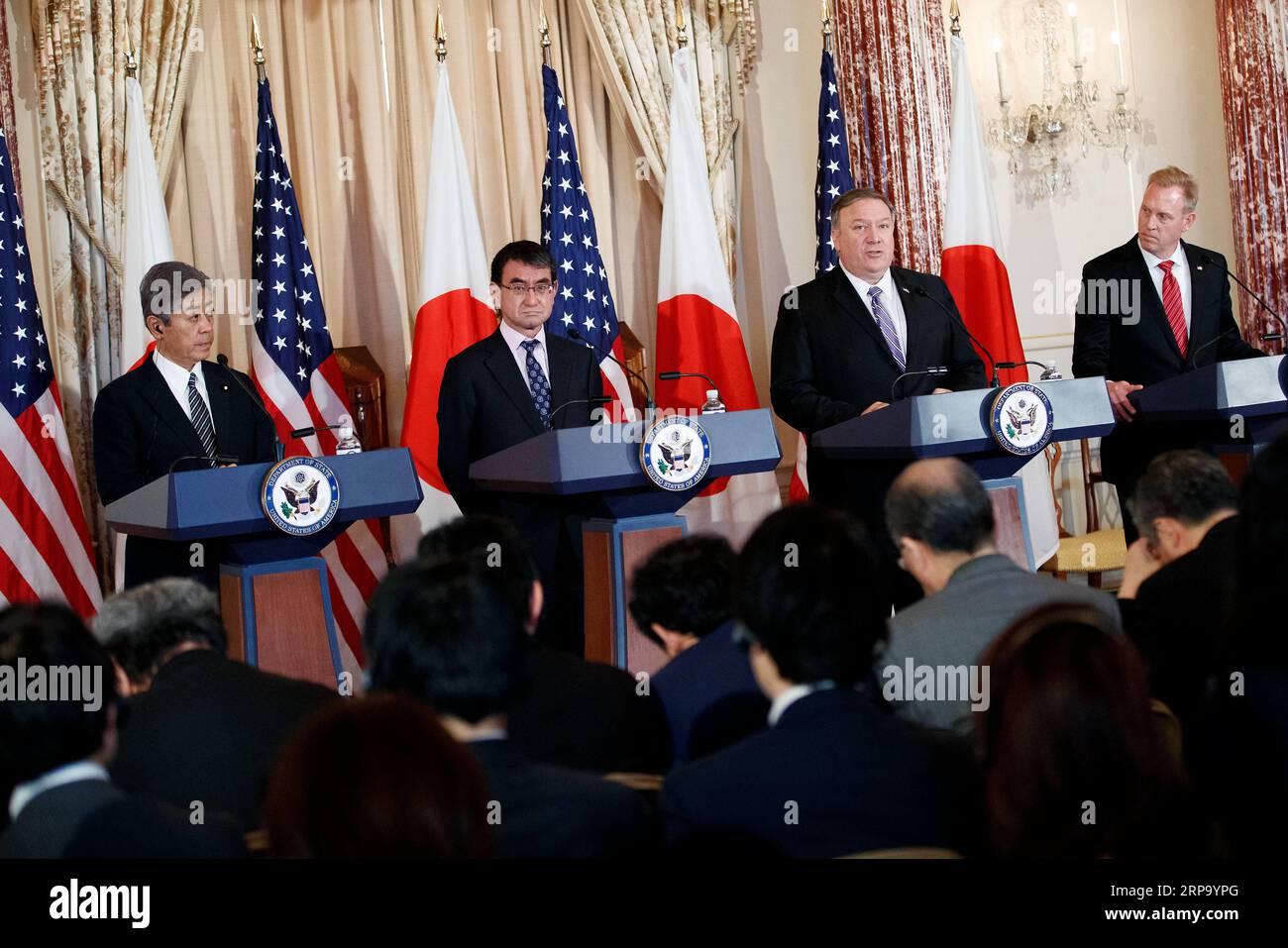(190420) -- WASHINGTON D.C., April 20, 2019 -- U.S. Secretary of State Mike Pompeo (2nd R), Acting U.S. Secretary of Defense Patrick Shanahan (1st R), Japanese Foreign Minister Taro Kono (2nd L) and Japanese Defense Minister Takeshi Iwaya (1st L) participate in a joint press conference at the State Department in Washington D.C., the United States, on April 19, 2019. U.S. and Japanese senior officials met on Friday in Washington, discussing bilateral relations, cross-domain cooperation and the Korean Peninsula denuclearization, among other issues. ) U.S.-WASHINGTON D.C.-U.S. JAPANESE OFFICIALS- Stock Photo