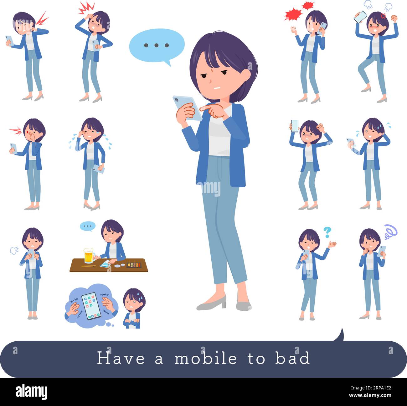 A set of Public relations women to Unhappy using a smartphone.It's vector art so easy to edit. Stock Vector