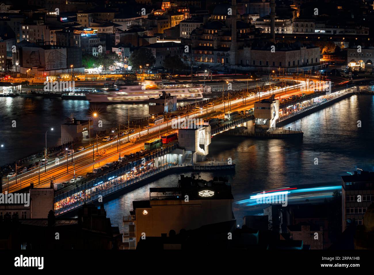 Galata Bridge at night. View from Galata Tower. Istanbul, Turkey Stock ...