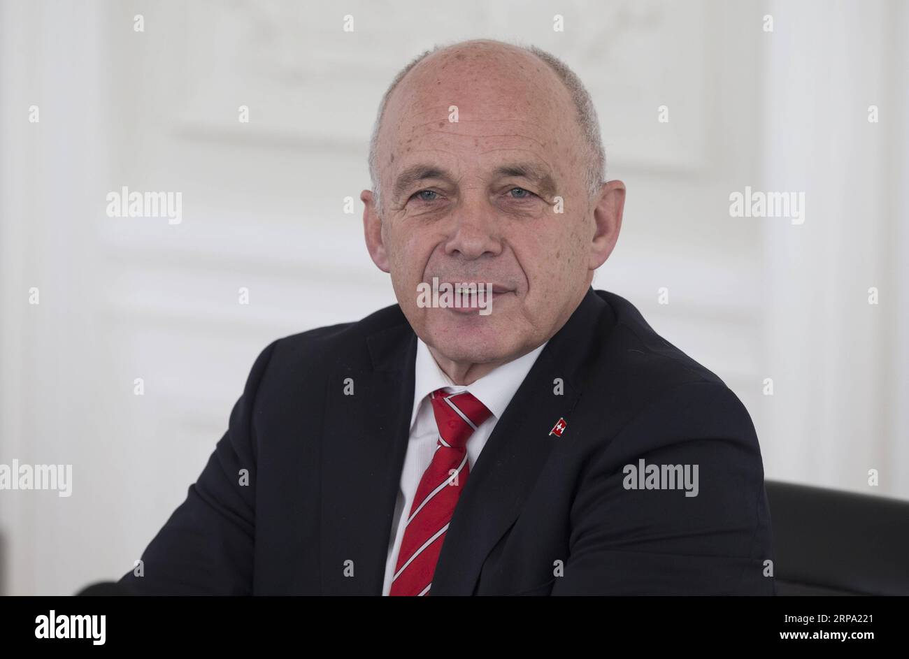 (190422) -- BERN, April 22, 2019 (Xinhua) -- President Ueli Maurer of the Swiss Confederation receives a joint interview with Chinese media in Bern, Switzerland, on April 16, 2019. China s Belt and Road Initiative (BRI) is a fundamental task crucial for generations to come, which, when implemented smoothly, will bring many benefits to both the economic development and the well-being of the people worldwide, Maurer has said. TO GO WITH Interview: BRI crucial for generations to come: President of Swiss Confederation (Xinhua/Xu Jinquan) SWITZERLAND-BERN-UELI MAURER-INTERVIEW PUBLICATIONxNOTxINxCH Stock Photo